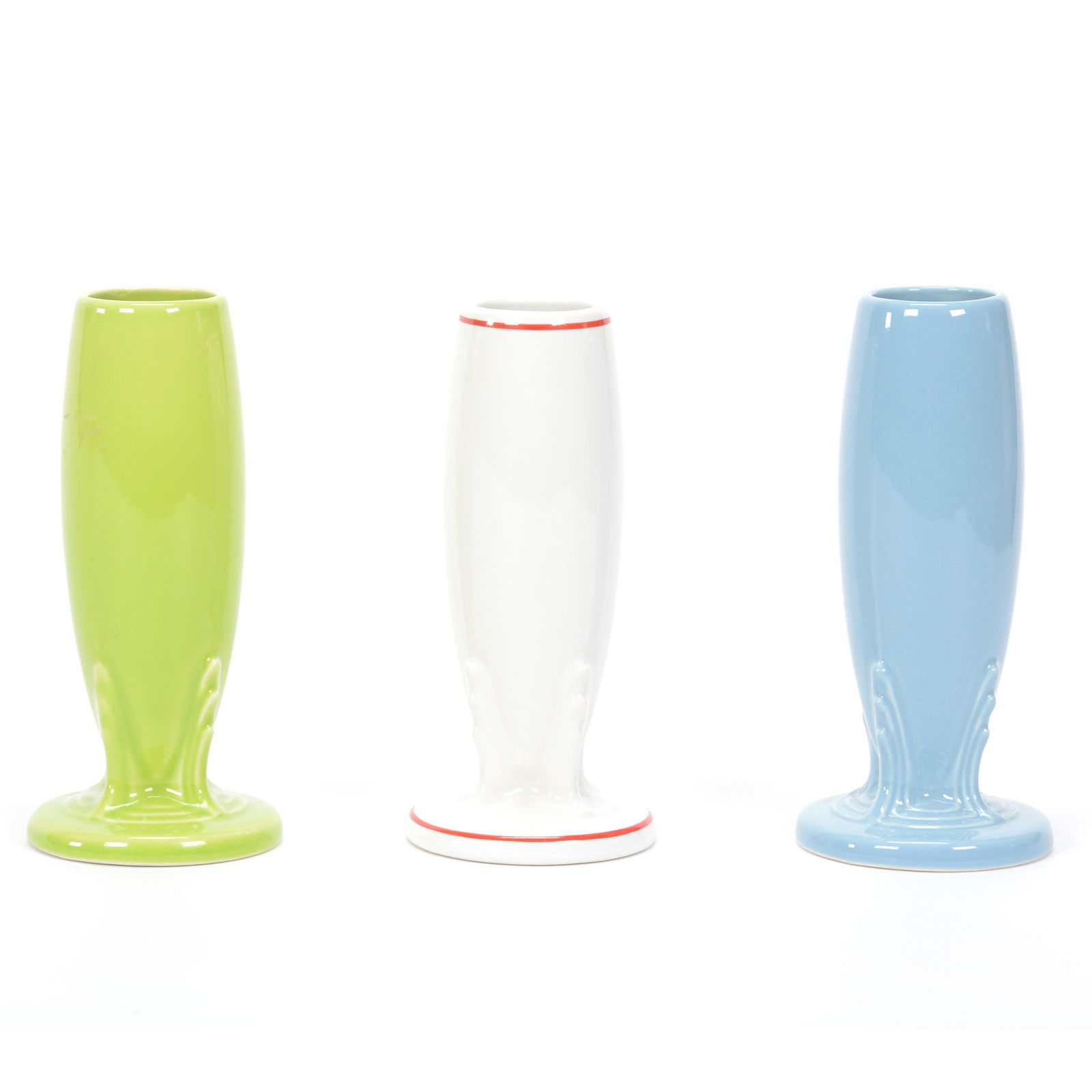 (3) Post-1986 Fiestaware Bud Vases: (3) Post-1986 Fiestaware Bud Vases, 6", Periwinkle, Chartreuse, White With Red Trim, Private Collection, KS