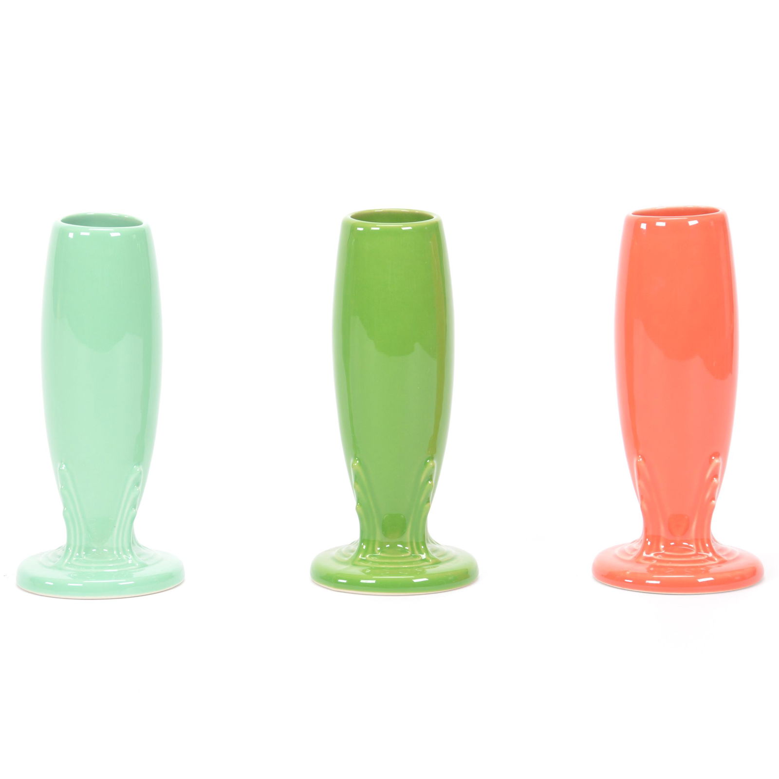 (3) Post-1986 Fiestaware Bud Vases: (3) Post-1986 Fiestaware Bud Vases, 6", Shamrock, Sea Mist, Poppy, Private Collection, KS