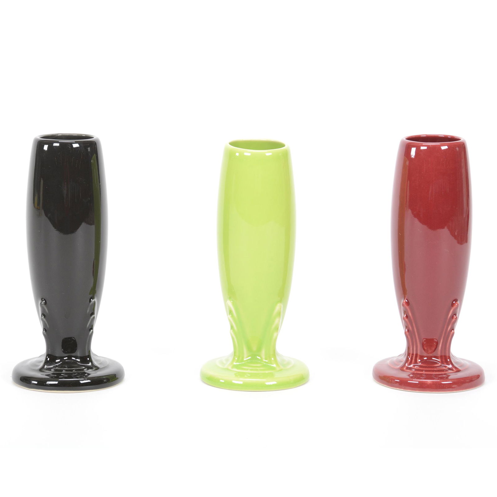 (3) Post-1986 Fiestaware Bud Vases: (3) Post-1986 Fiestaware Bud Vases, 6", Chartreuse, Black, Cinnabar, Private Collection, KS