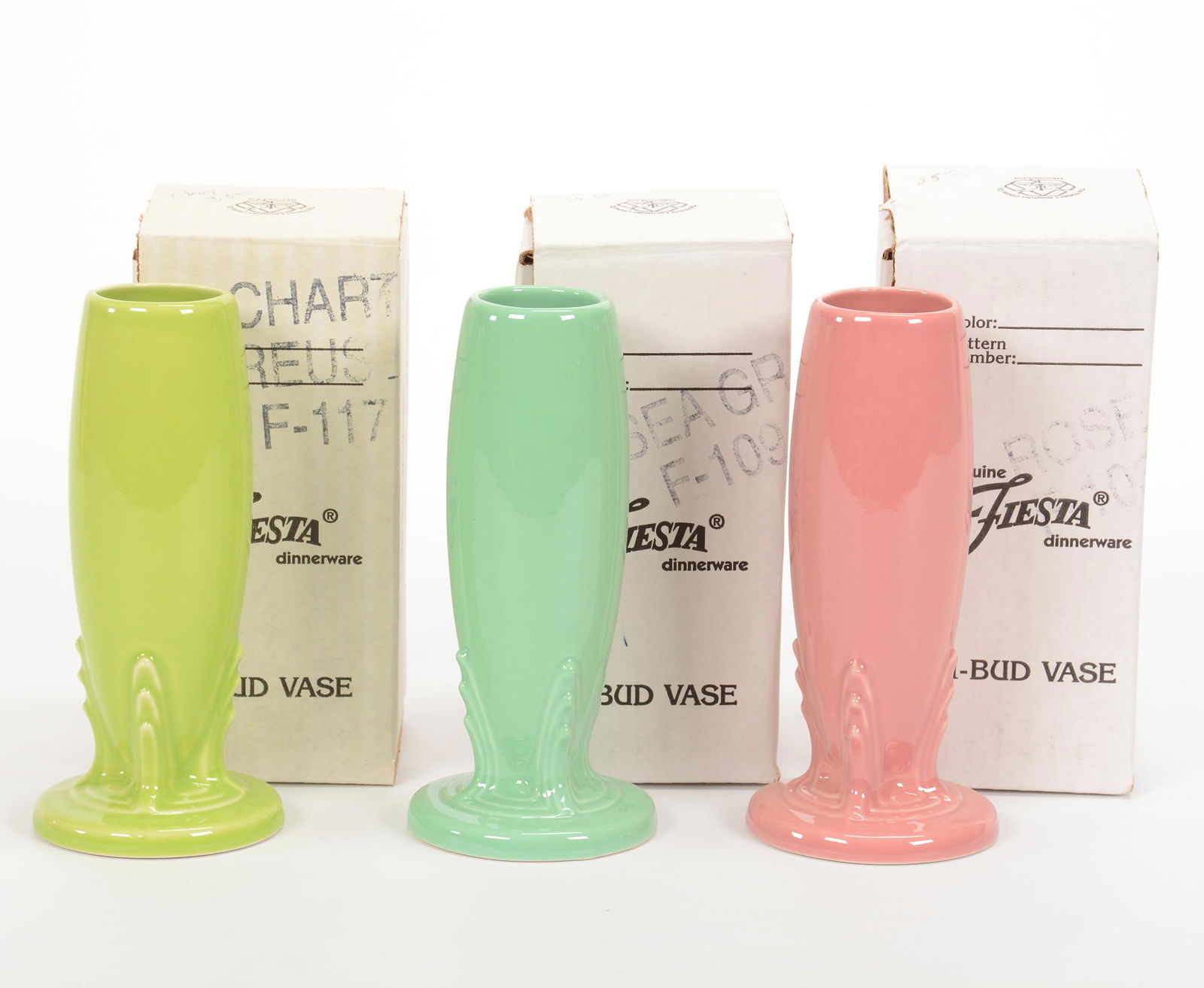 (3) Post-1986 Bud Vases, Fiestaware, Original Boxes: (3) Post-1986 Bud Vases, Fiestaware, Original Boxes, 6", Sea Green, Chartreuse, Rose, Private Collection, KS