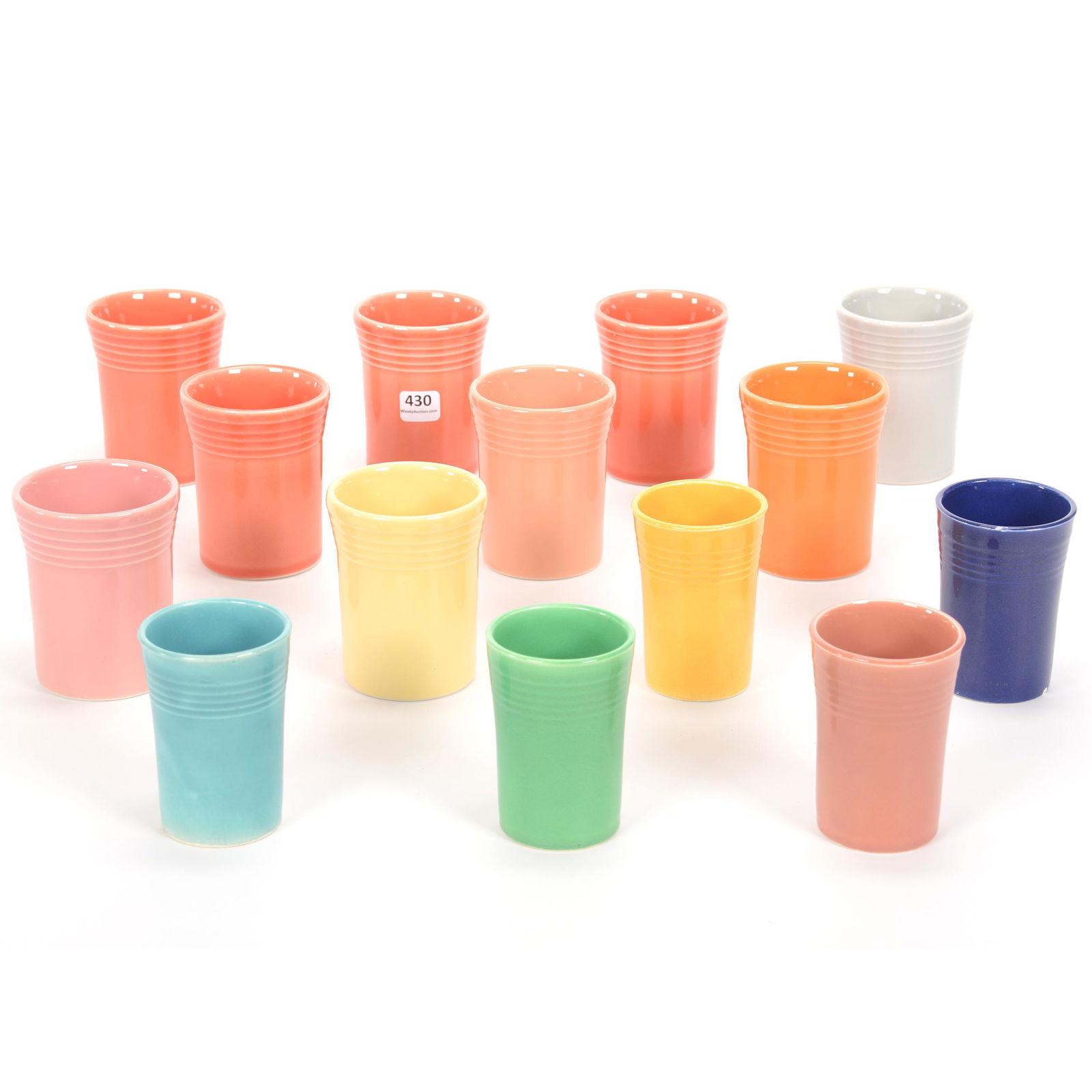 (14) Tumblers & Juices, Post-1986 Fiestaware Items: (14) Tumblers & Juices, Post-1986 Fiestaware Items, (9) 5.25" Tumblers, (5) 3.5" Juice Glasses (One W/ Glaze Nicks At Base), Private Collection, KS