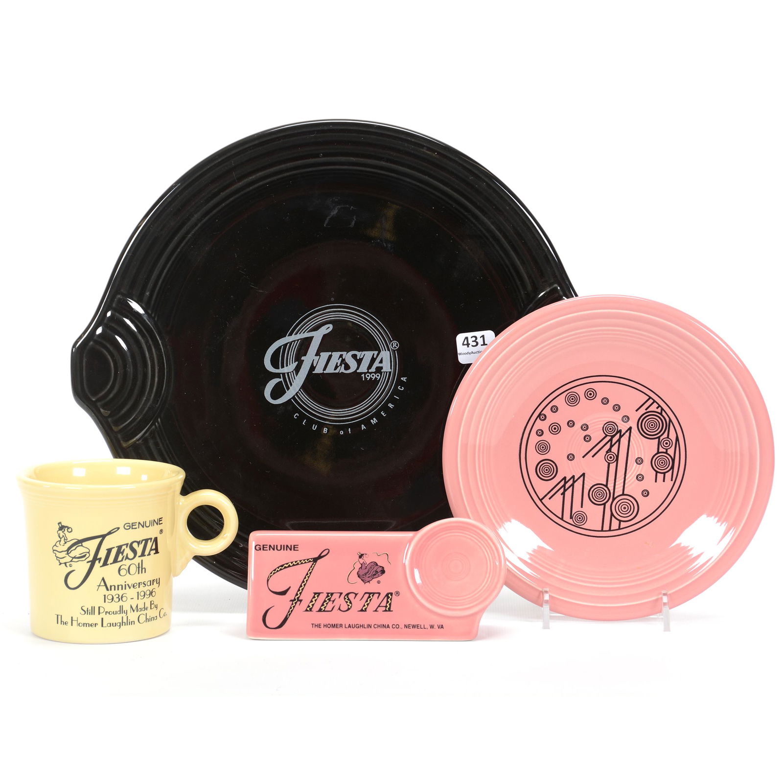 (4) Post-1986 Fiestaware Items W/Advertising: (4) Post-1986 Fiestaware Items W/Advertising, (1) 11" Platter, Black, 1999, Fiesta Collectors Club, (1) 7.25" Plate, Made Exclusively For Mega China, (1) 3.5" Mug, 1996, Yellow, (1) 2.75" x 5.75" Coun