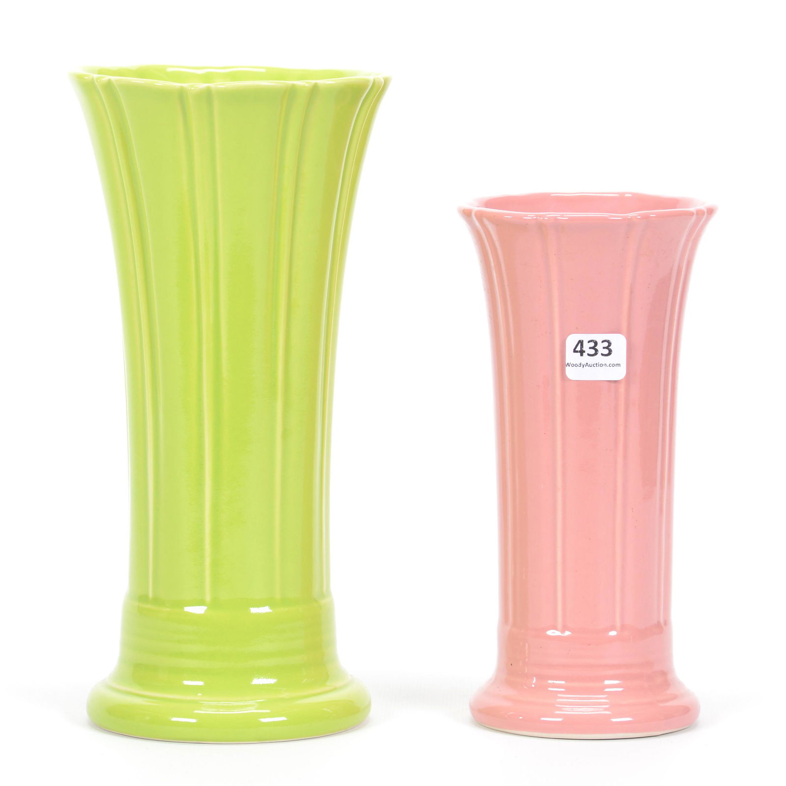 (2) Vases, Post-1986 Fiestaware Pottery: (2) Vases, Post-1986 Fiestaware Pottery, (1) 9.75" Medium, Chartreuse, In Original Box, (1) 8" Small, Rose, Private Collection, KS