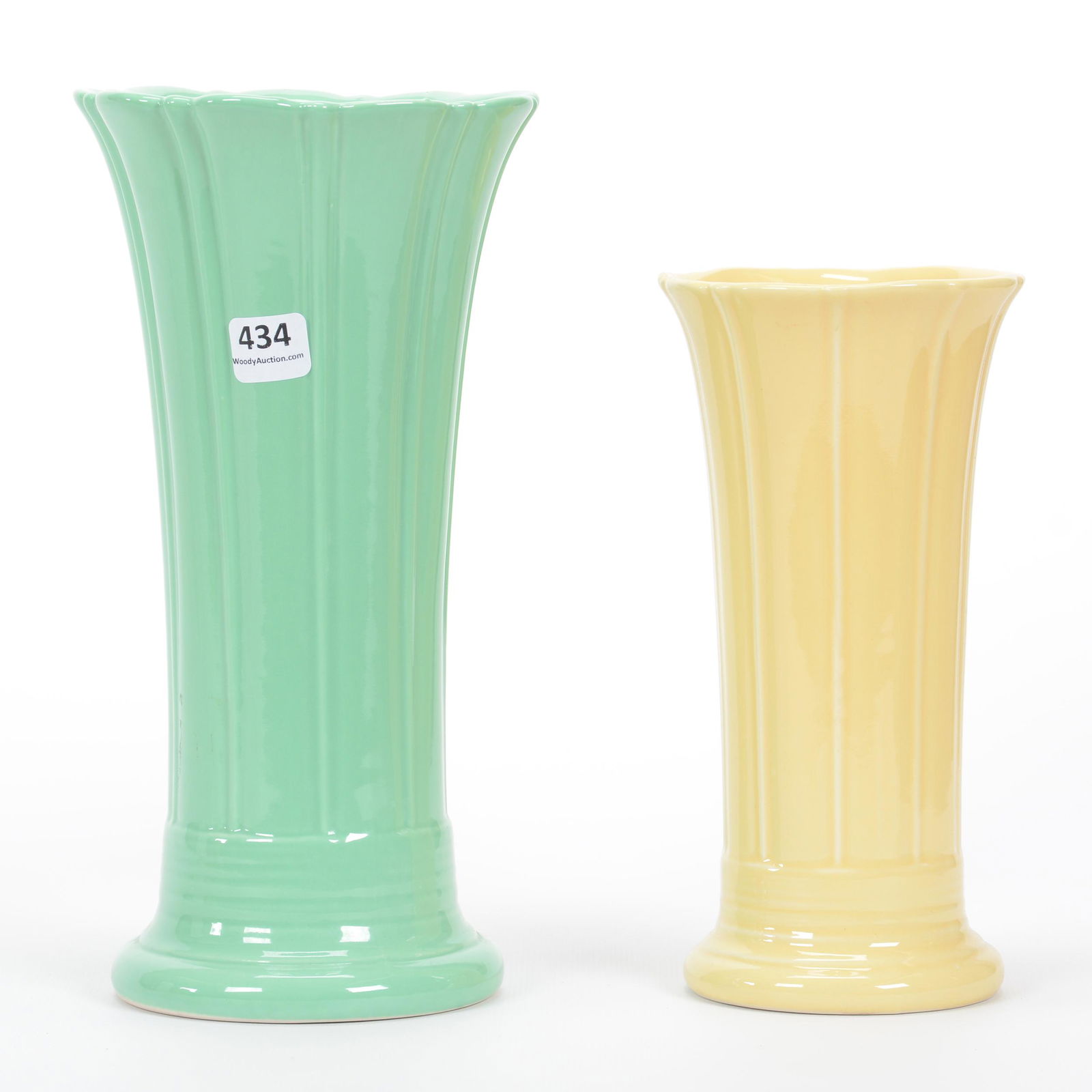 (2) Vases, Post-1986 Fiestaware Pottery: (2) Vases, Post-1986 Fiestaware Pottery, (1) 9.75" Medium, Sea Mist, (1) 8", Yellow, In Original Box, Private Collection, KS