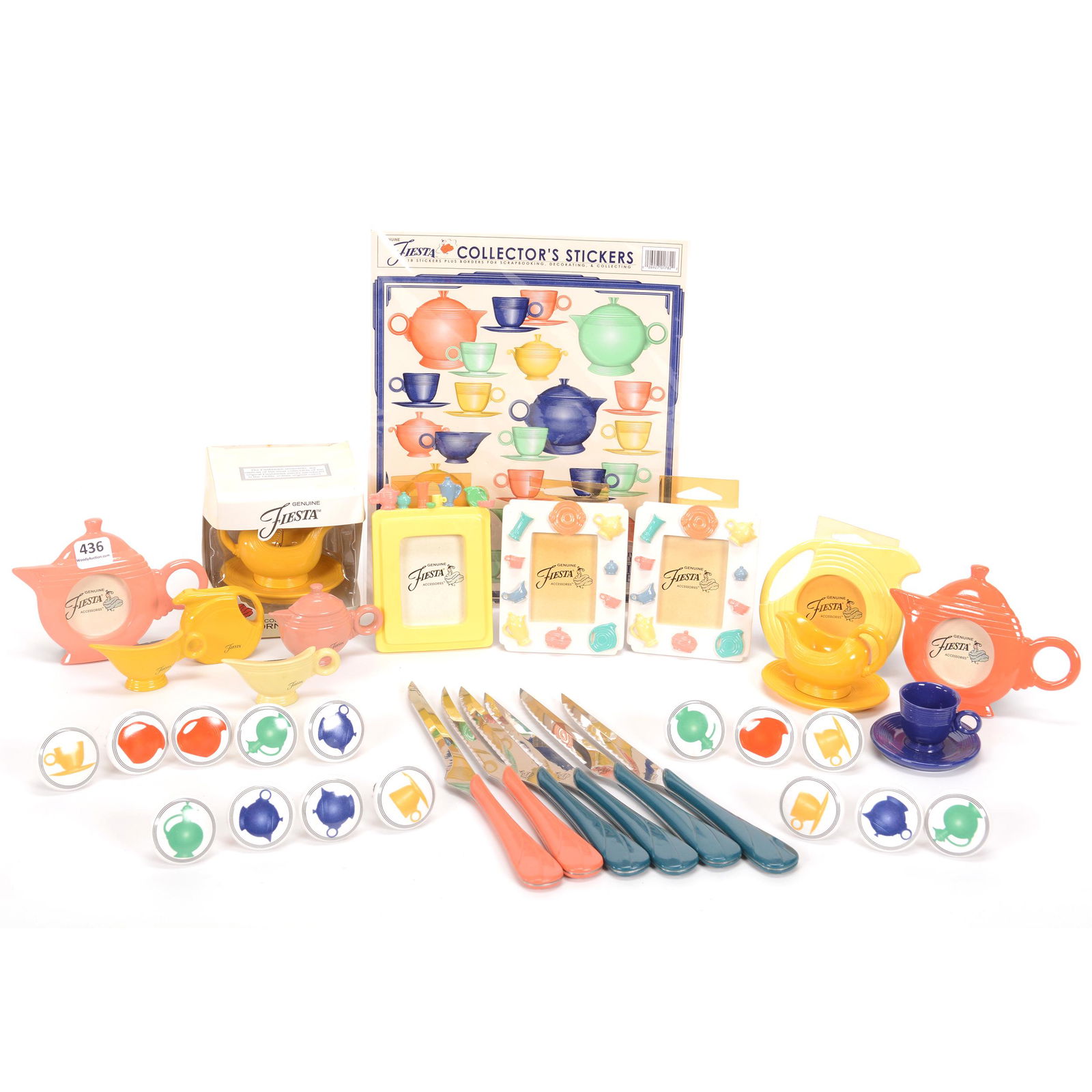 Approximately (34) Original Fiestaware Accessories: Approximately (34) Original Fiestaware Accessories, (15) Drawer Pulls, (6) Picture Frames, (4) Magnets, (3) Ornaments, (6) Steak Knives, (1) Sheet Of Stickers, Private Collection, KS