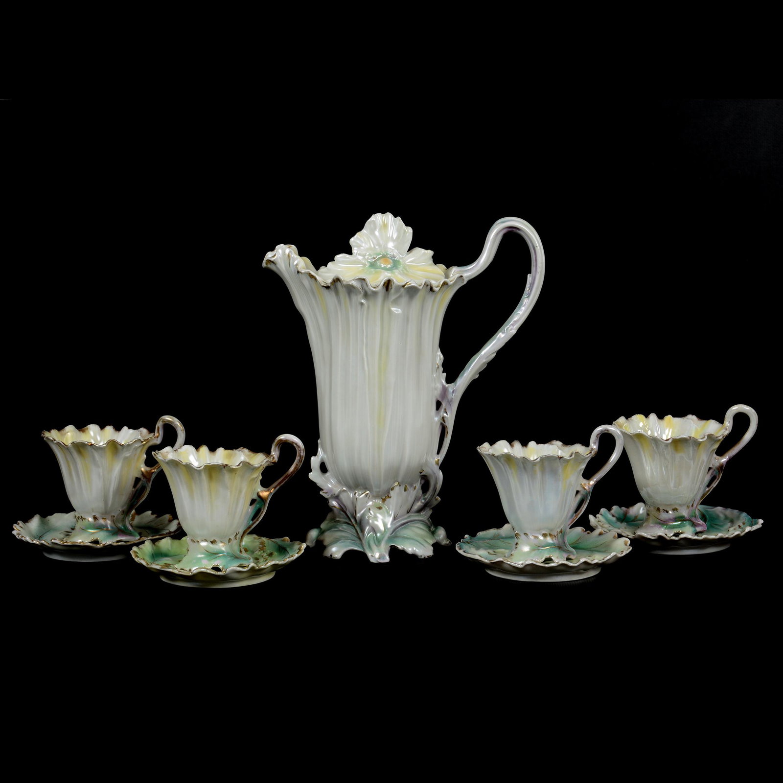 Chocolate Set Marked Royal Bayreuth, Poppy: Chocolate Set Marked Royal Bayreuth, Poppy, (1) 8.5" Chocolate Pot And (4) Matching Cups & Saucers, Yellow And White Satin Finish, Blue Mark, Private Midwest Collection