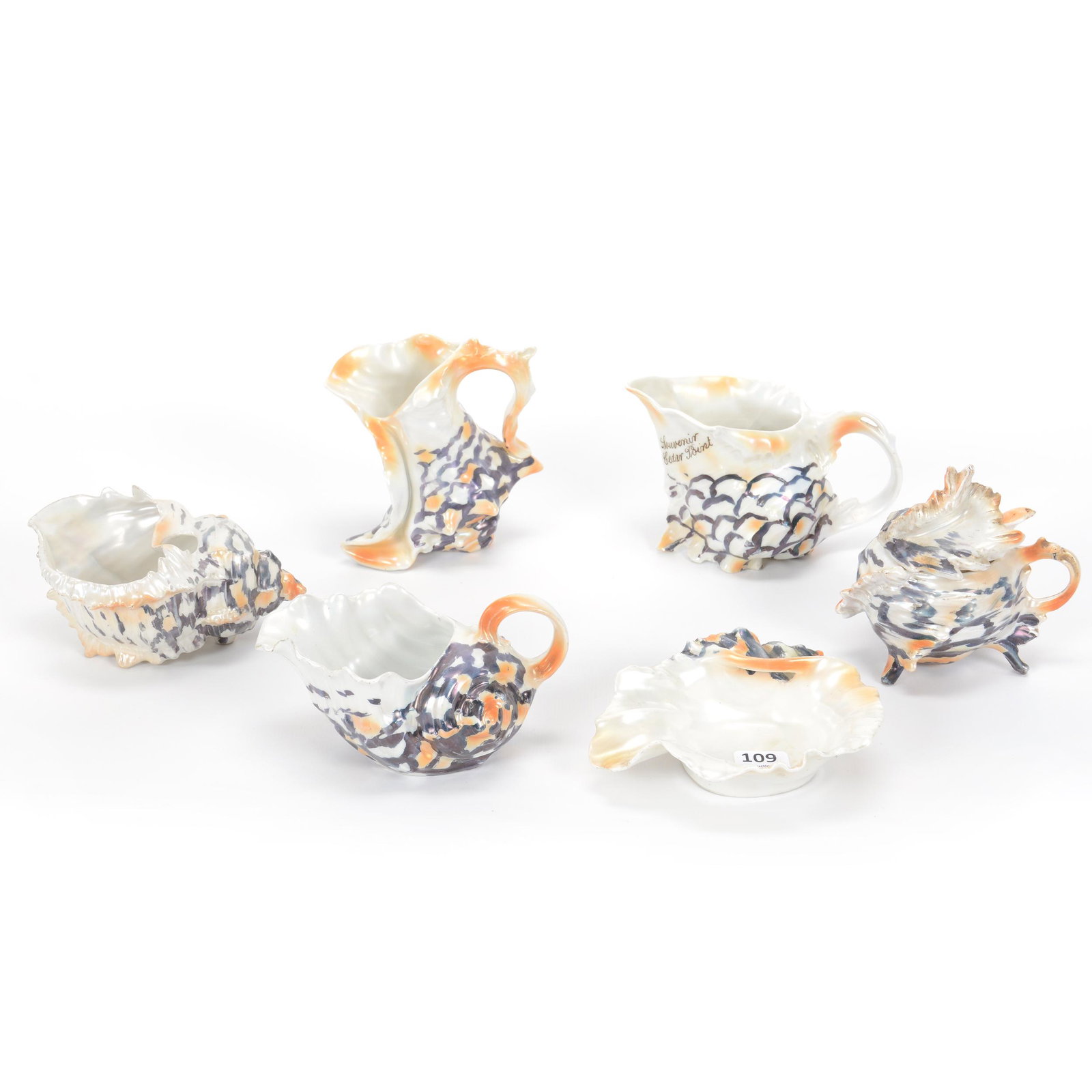 (6) Royal Bayreuth Shell Items: (6) Royal Bayreuth Shell Items, Satin With Black And Orange Designs, (1) 4.5" Unmarked, Boot Creamer, (1) 2.5" Open Sugar, Marked, (1) 3.5" Creamer, Marked, (1) 3.5" Mustard Jar With Spoon, Unmarked, 