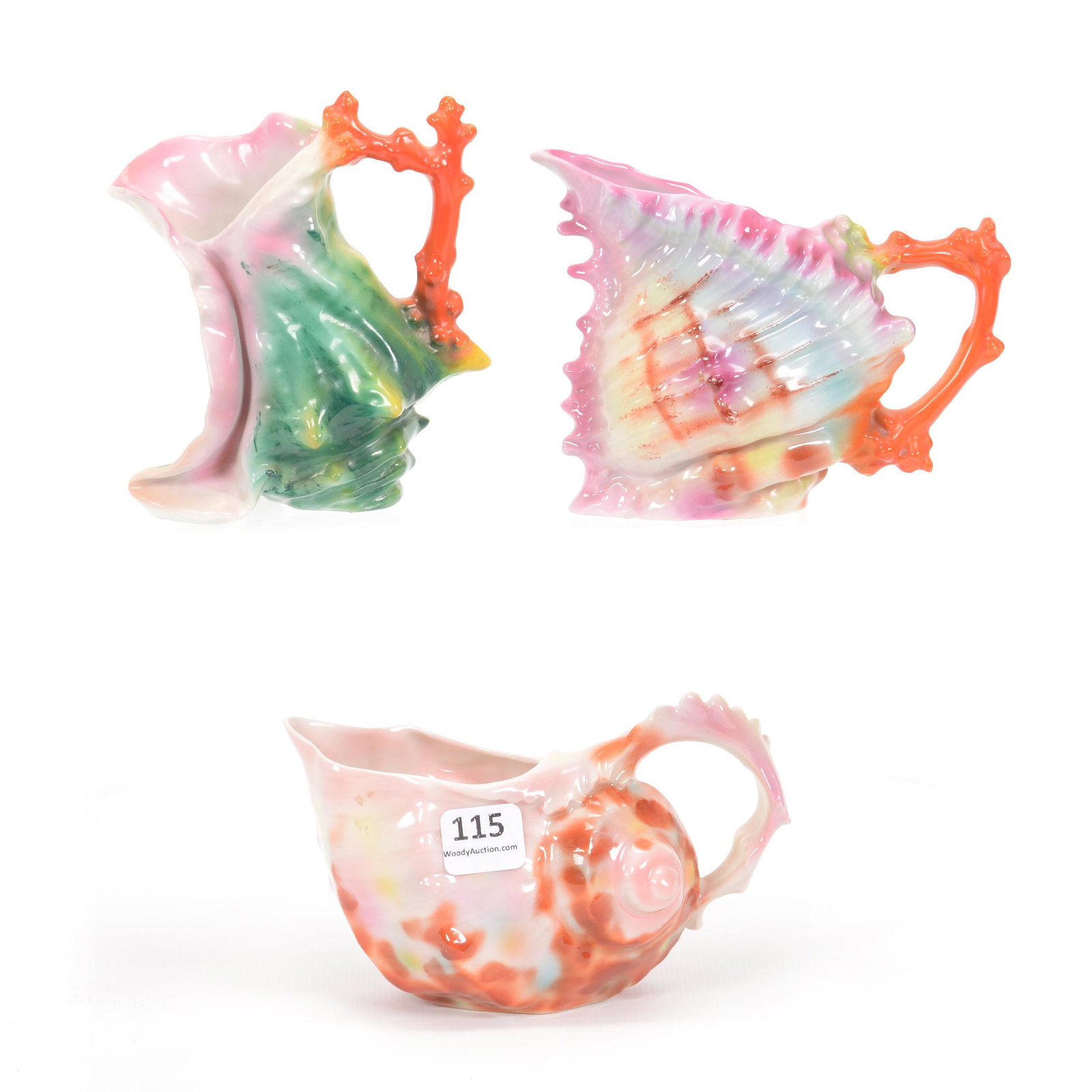 (3) Royal Bayreuth Creamers: (3) Royal Bayreuth Creamers, (1) 4.5" Spiky Shell Boot With Coral Handle, Unmarked, (1) 3.75" Spiky Shell With Coral Handle, Marked, (1) 3" Nautilus Shell, Marked, Blue Mark, Private Midwest Collectio