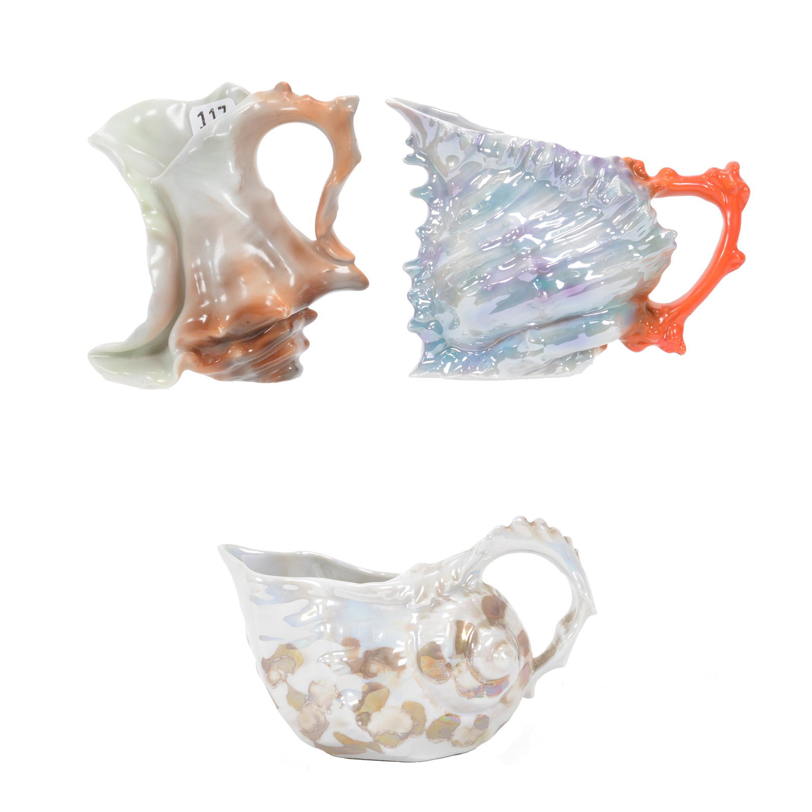 (3) Royal Bayreuth Creamers: (3) Royal Bayreuth Creamers, Blue Mark, (1) 4.5" Spiky Shell Boot With Coral Handle, Unmarked, (1) 3.75" Spiky Shell With Coral Handle, Marked, (1) 3" Nautilus Shell, Marked, Private Midwest Collectio