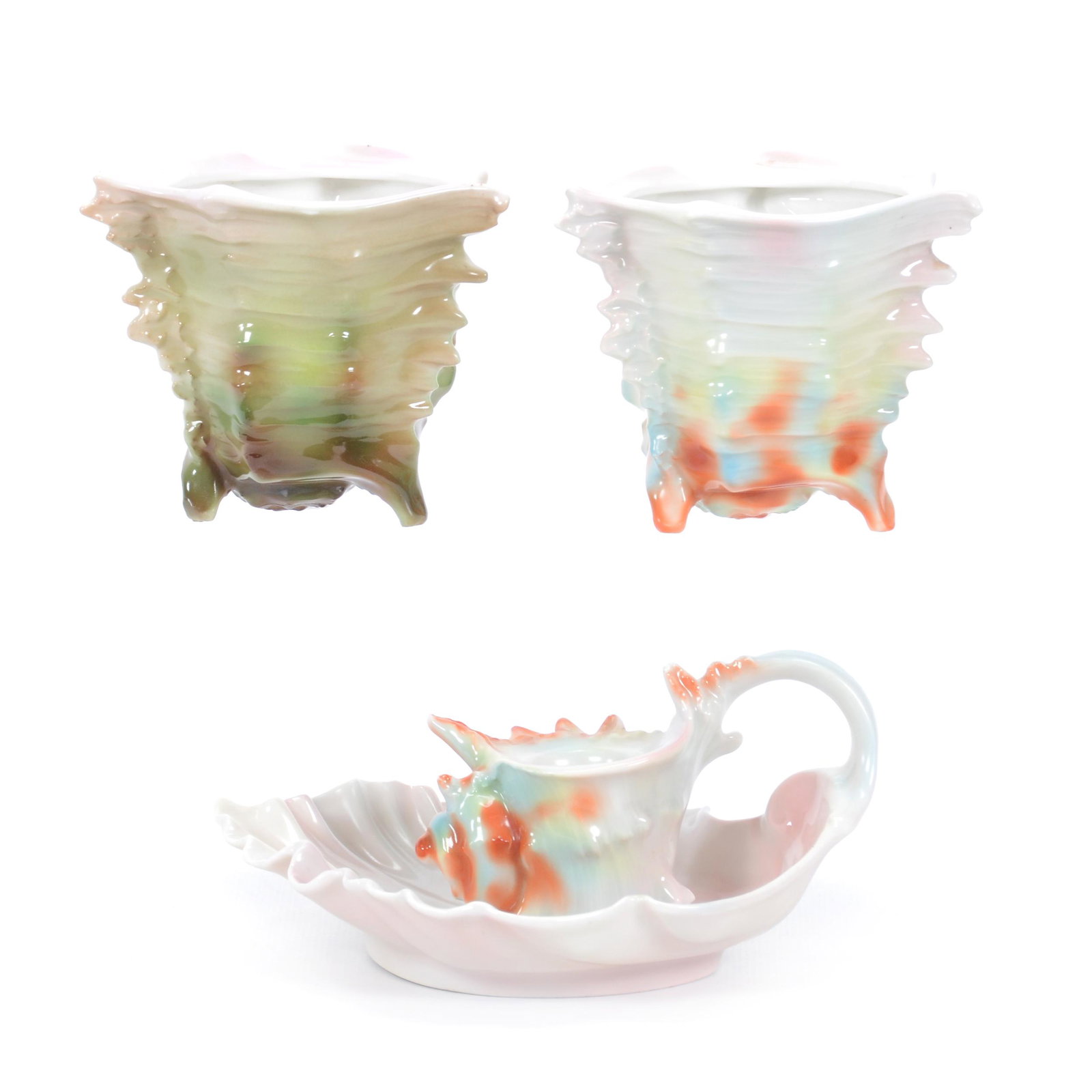 (3) Royal Bayreuth Spiky Shell Items: (3) Royal Bayreuth Spiky Shell Items, (2) 3.25" X 3.75" Three Footed Vases, Unmarked, (1) 2.5" X 6" Chamberstick, Blue Mark, Private Midwest Collection