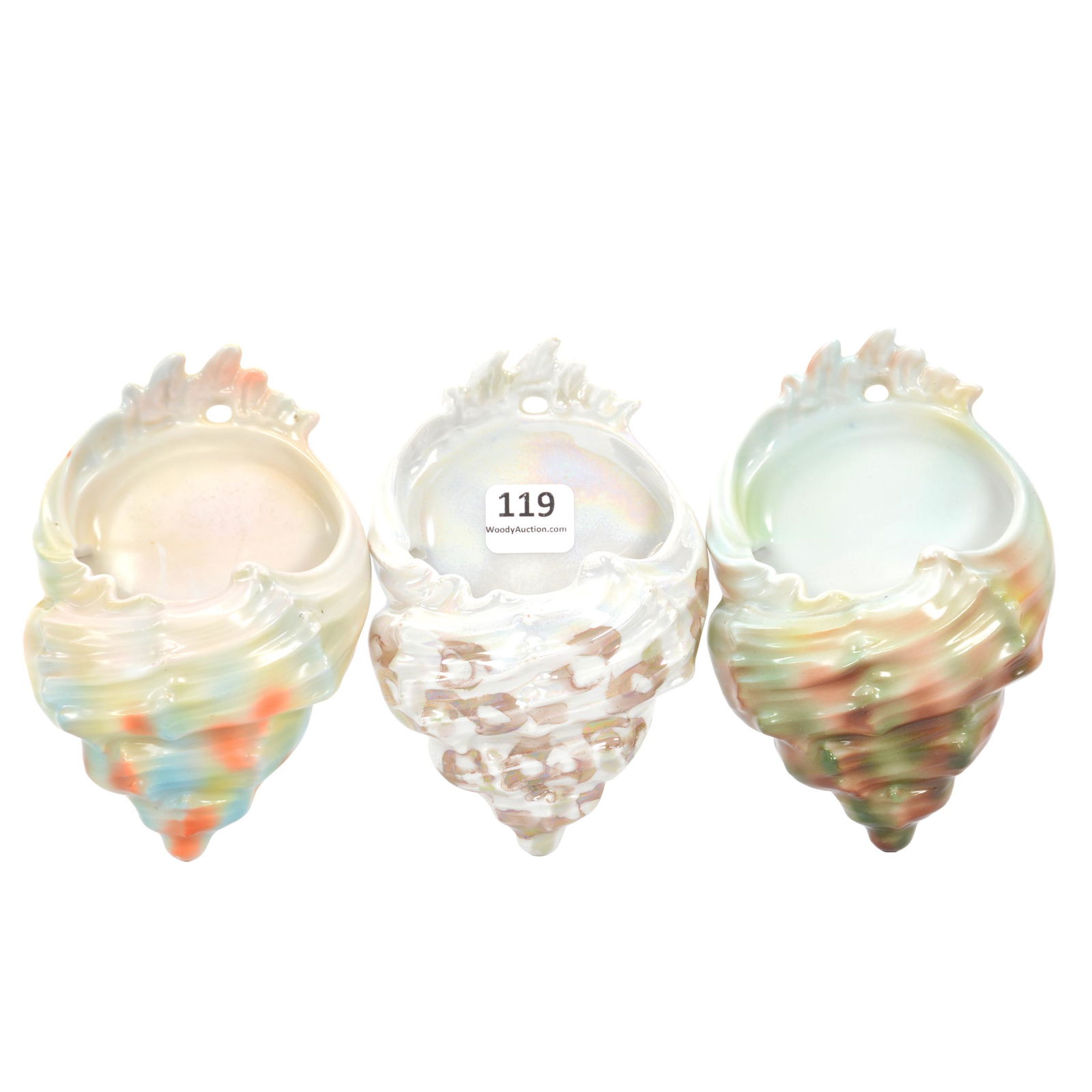 (3) Royal Bayreuth Wall Match Holders: (3) Royal Bayreuth Wall Match Holders, 5", (1) Green & Brown Tones, Unmarked, (1) White With Brown And Green Lustre Finish, Blue Mark, (1) Orange, Green And Brown Tones, Blue Mark, Private Midwest Col