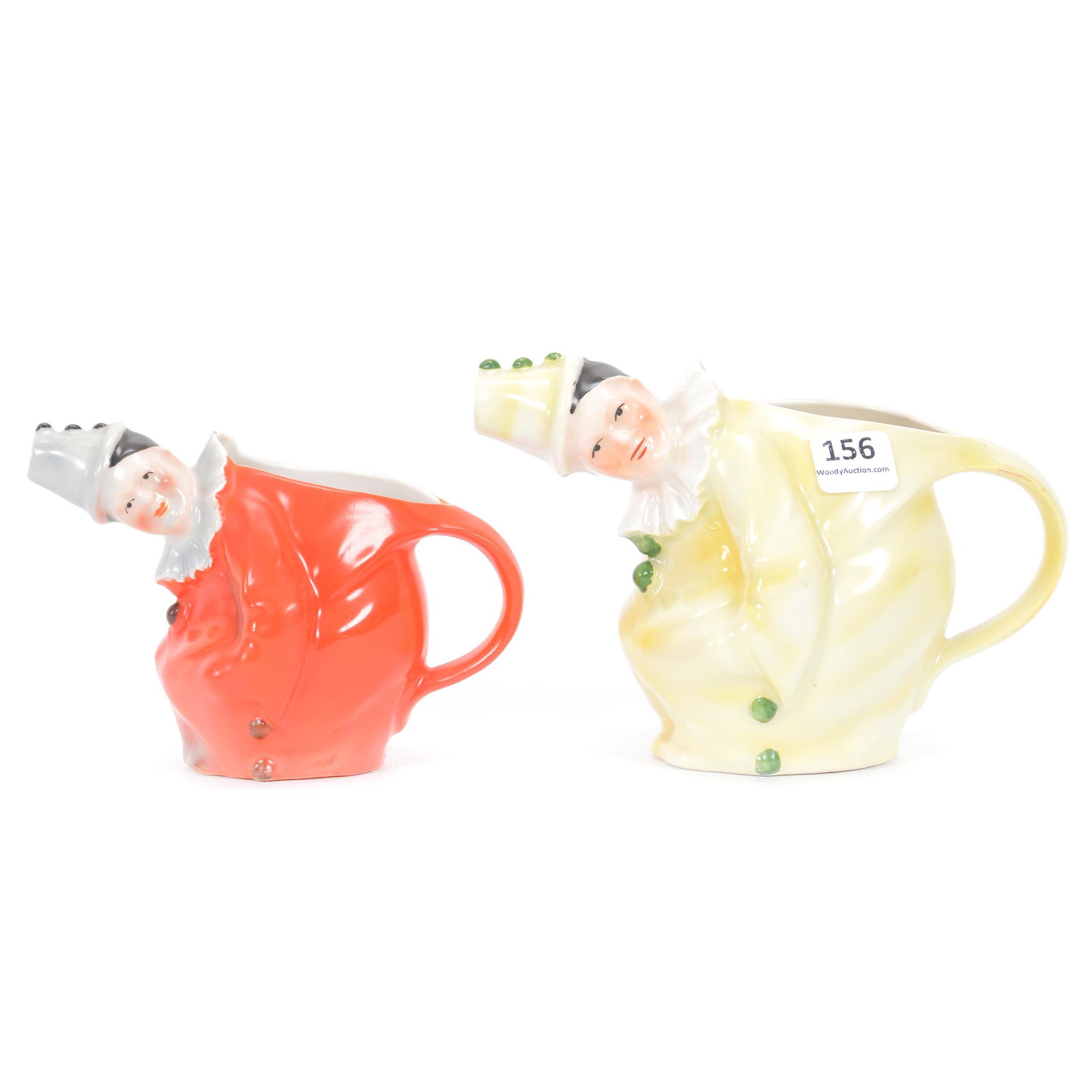 (2) Pitchers Marked Royal Bayreuth Clown: (2) Pitchers Marked Royal Bayreuth Clown, Blue Mark (1) 4.5" Milk Pitcher, Yellow, (1) 3.75" Creamer, Red, Private Midwest Collection