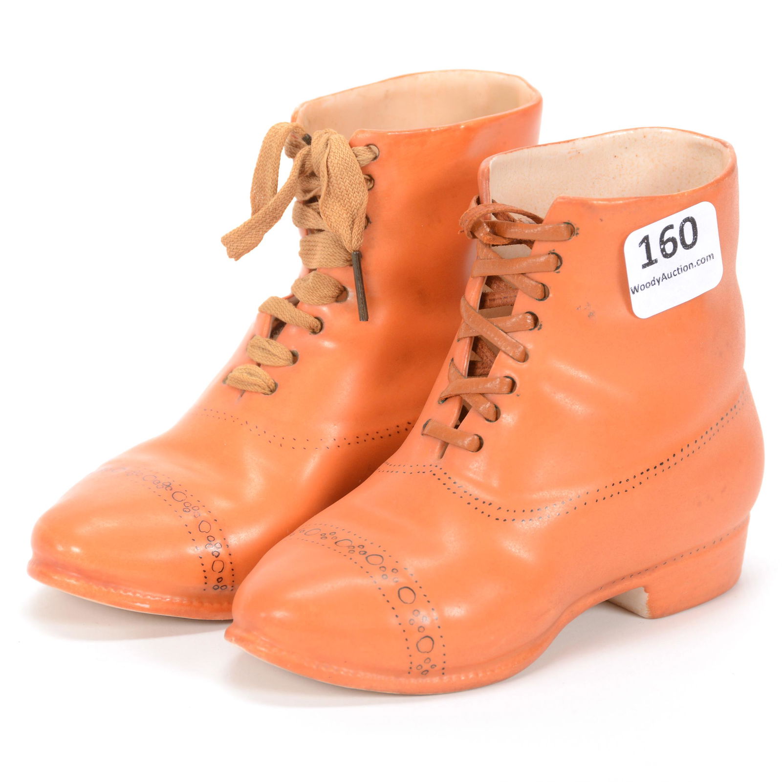 Pair Men's Boots (High Shoes) Unmarked Royal Bayreuth: Pair Men's Boots (High Shoes) Unmarked Royal Bayreuth, 3.5" x 5", Brown/Tan With Black Stencil Highlights, One With Original Lace, One With Replacement Lace, Private Midwest Collection