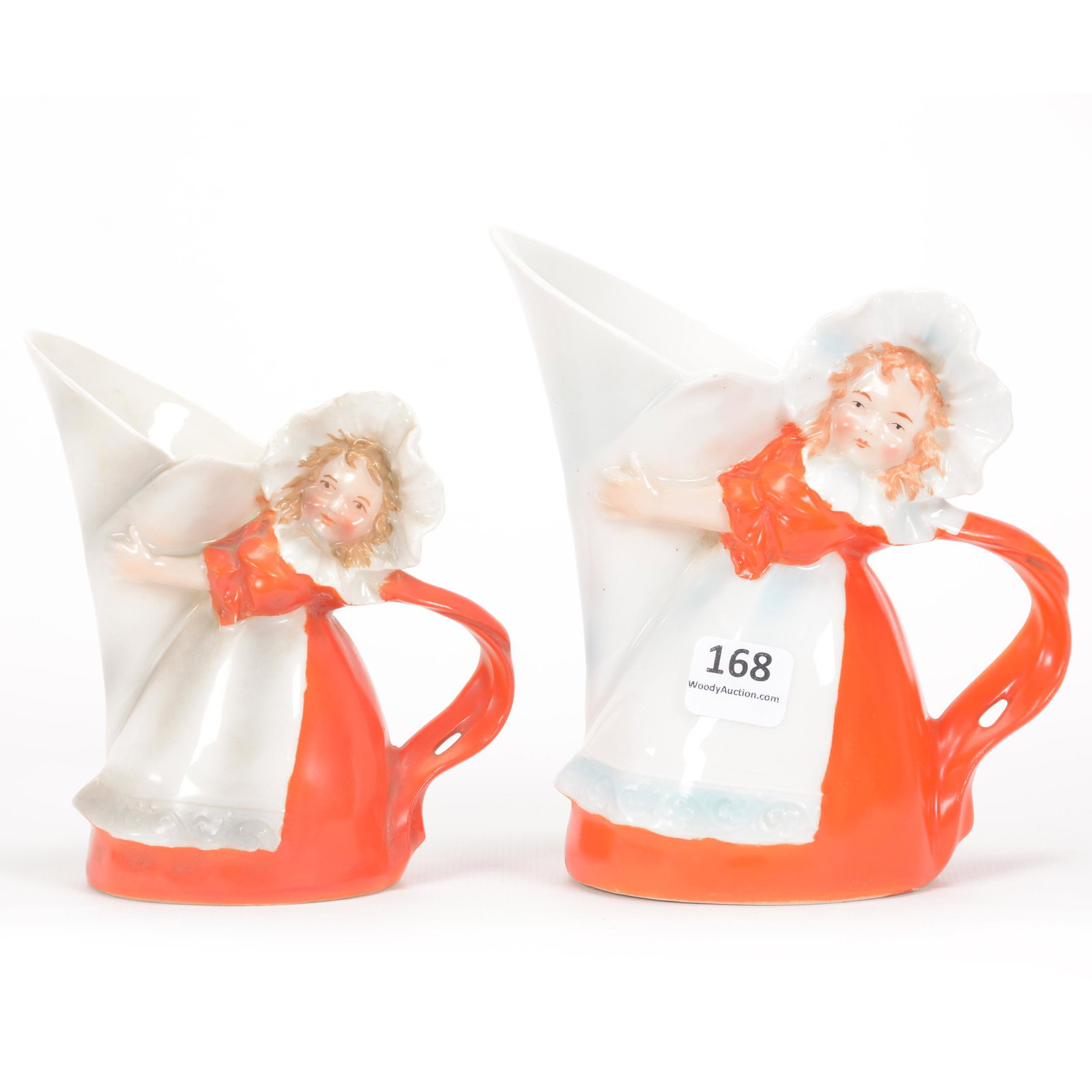(2) Pitchers Marked Royal Bayreuth, Milk Maid/Funnel: (2) Pitchers Marked Royal Bayreuth, Milk Maid/Funnel, Blue Mark, (1) 5.75" Milk Pitcher, Red Dress, (1) 5" Creamer, Red Dress, Private Midwest Collection