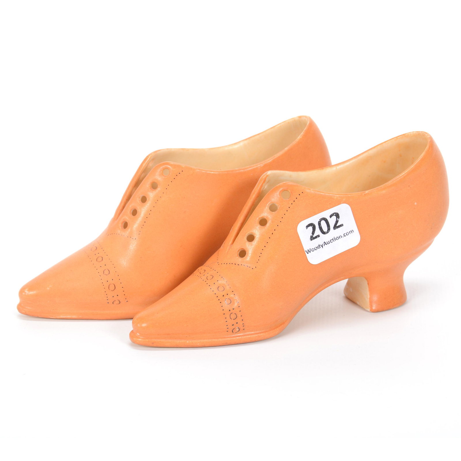 (2) Women's Shoe Unmarked Royal Bayreuth: (2) Women's Shoe Unmarked Royal Bayreuth, 2.75" x 5.5", Lace Up, Tan, High Heels, Private Midwest Collection