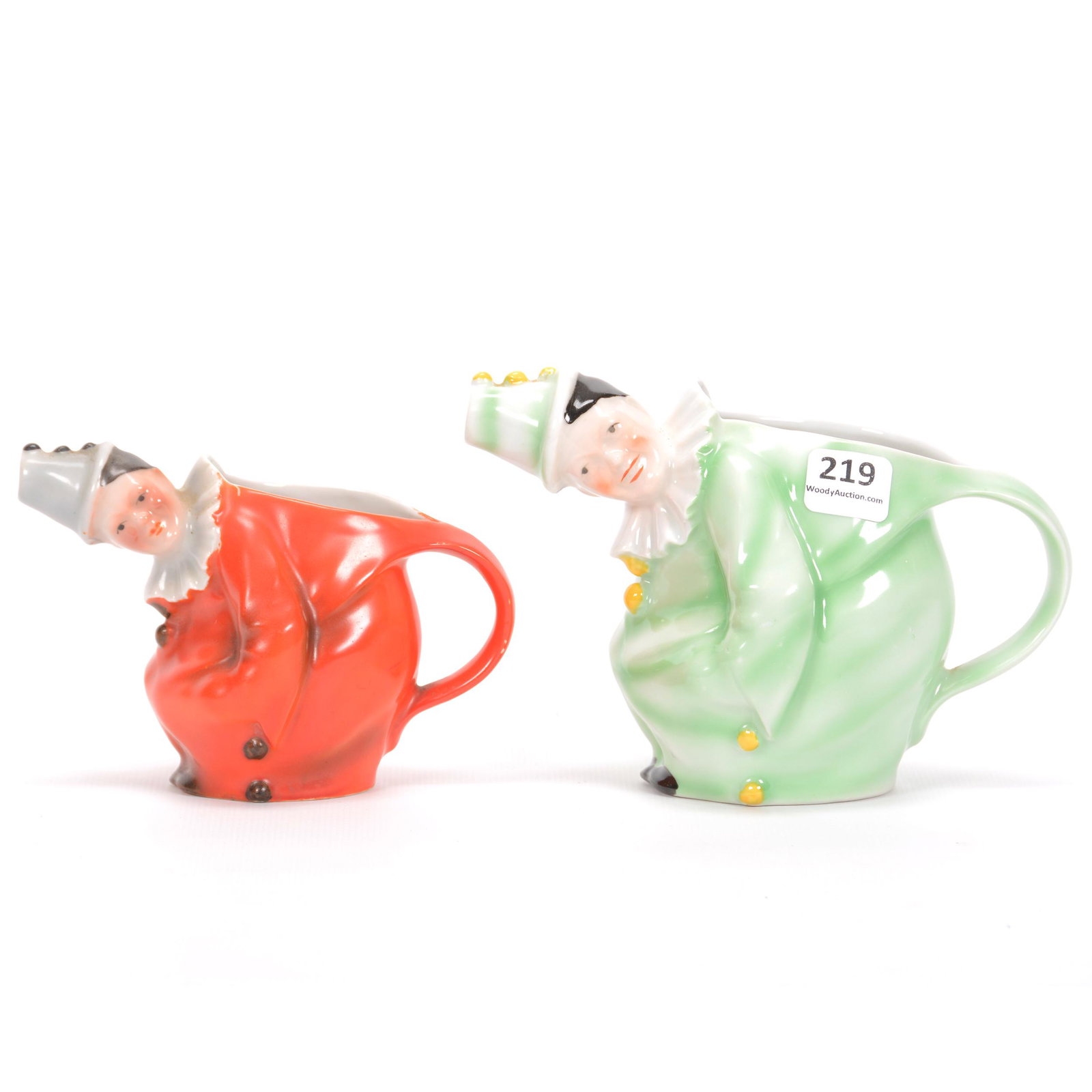 (2) Pitchers Marked Royal Bayreuth Clown: (2) Pitchers Marked Royal Bayreuth Clown, Blue Mark, (1) 4.5" Milk Pitcher, Green, (1) 3.75" Creamer, Red, Private Midwest Collection