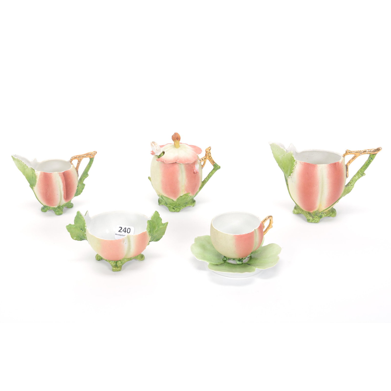 Child's Set Unmarked Royal Bayreuth Style Peach: Child's Set Unmarked Royal Bayreuth Style Peach, (1) 3.75" Creamer, (1) 3" Creamer, (1) Open Sugar, (1)4" Mustard Jar, (1) Demitasse Cup & Saucer, Private Midwest Collection