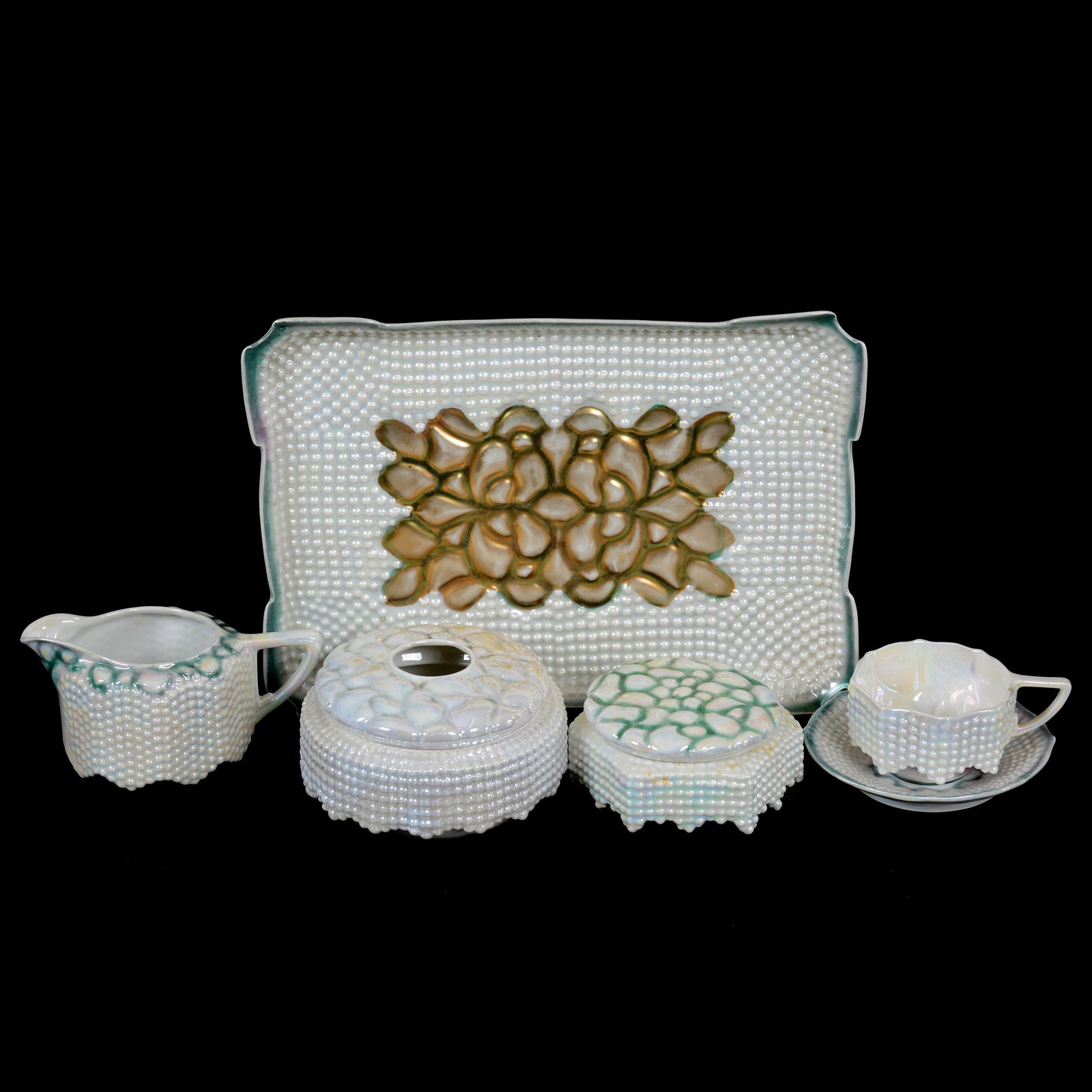 (5) Marked Royal Bayreuth Oyster & Pearl Items: (5) Marked Royal Bayreuth Oyster & Pearl Items, Blue Mark, White With Green Finish, (1) 10" X 7.25" Dresser Tray, (1) 4" Hair Receiver, (1) 3.5" Covered Box, (1) 2.75" Creamer, (1) Demitasse Cup And S