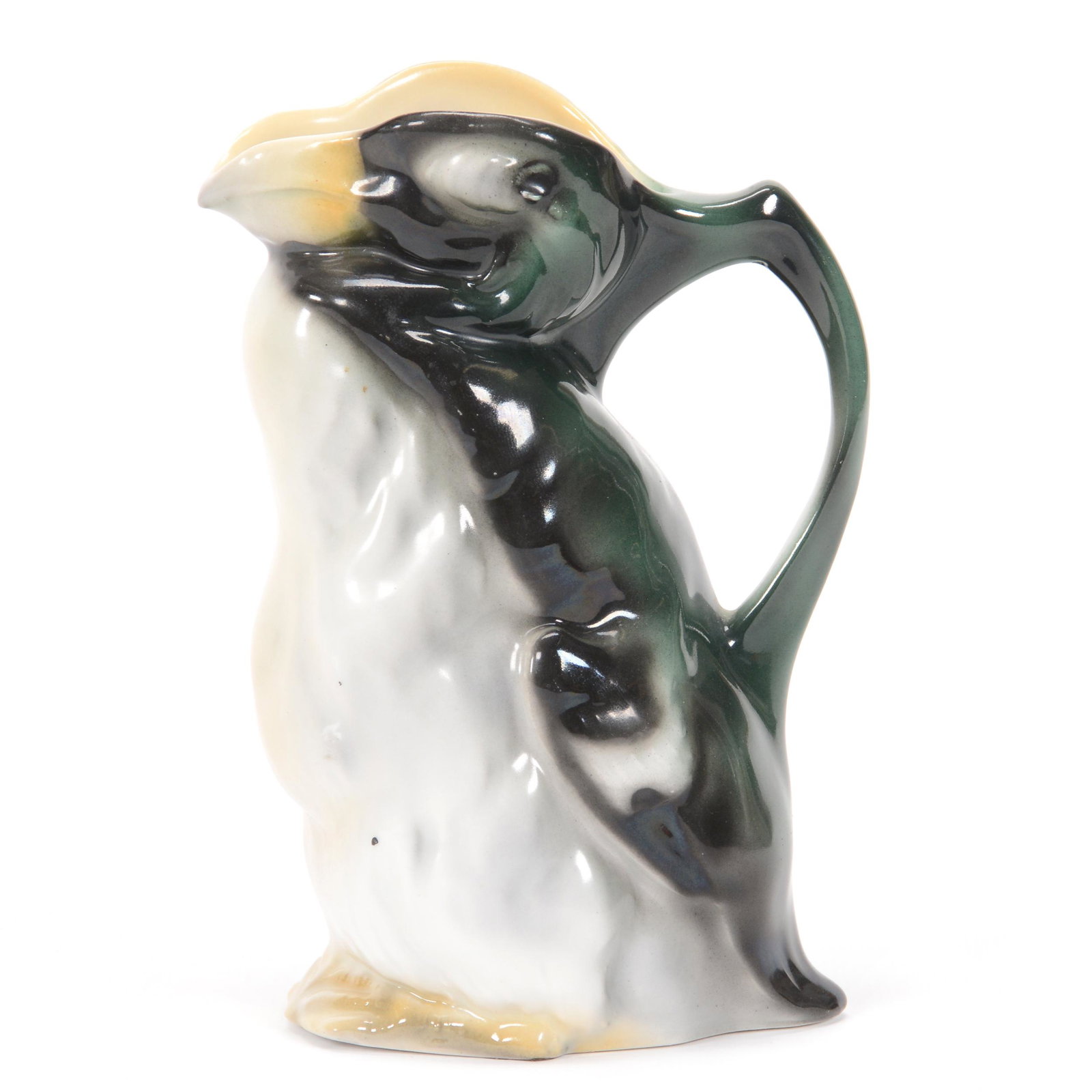 Milk Pitcher Unmarked Royal Bayreuth Penguin: Milk Pitcher Unmarked Royal Bayreuth Penguin, 5.75", Green, Gray, Black And Yellow Tones, Private Midwest Collection