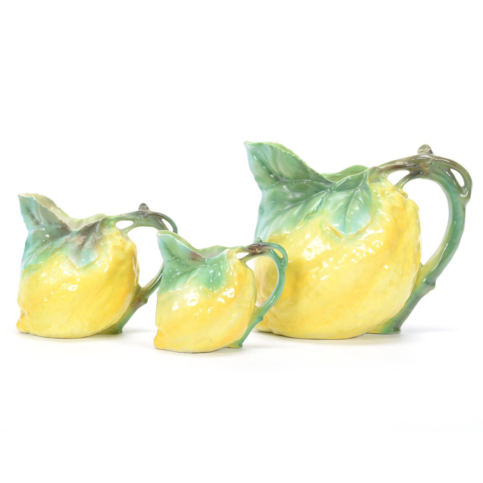 (3) Pitchers Marked Royal Bayreuth Lemon: (3) Pitchers Marked Royal Bayreuth Lemon, Blue Mark, (1) 6.5" Water Pitcher, (1) 4.75" Milk Pitcher, Small Chip Inside Spout, (1) 3.75" Creamer, Private Midwest Collection