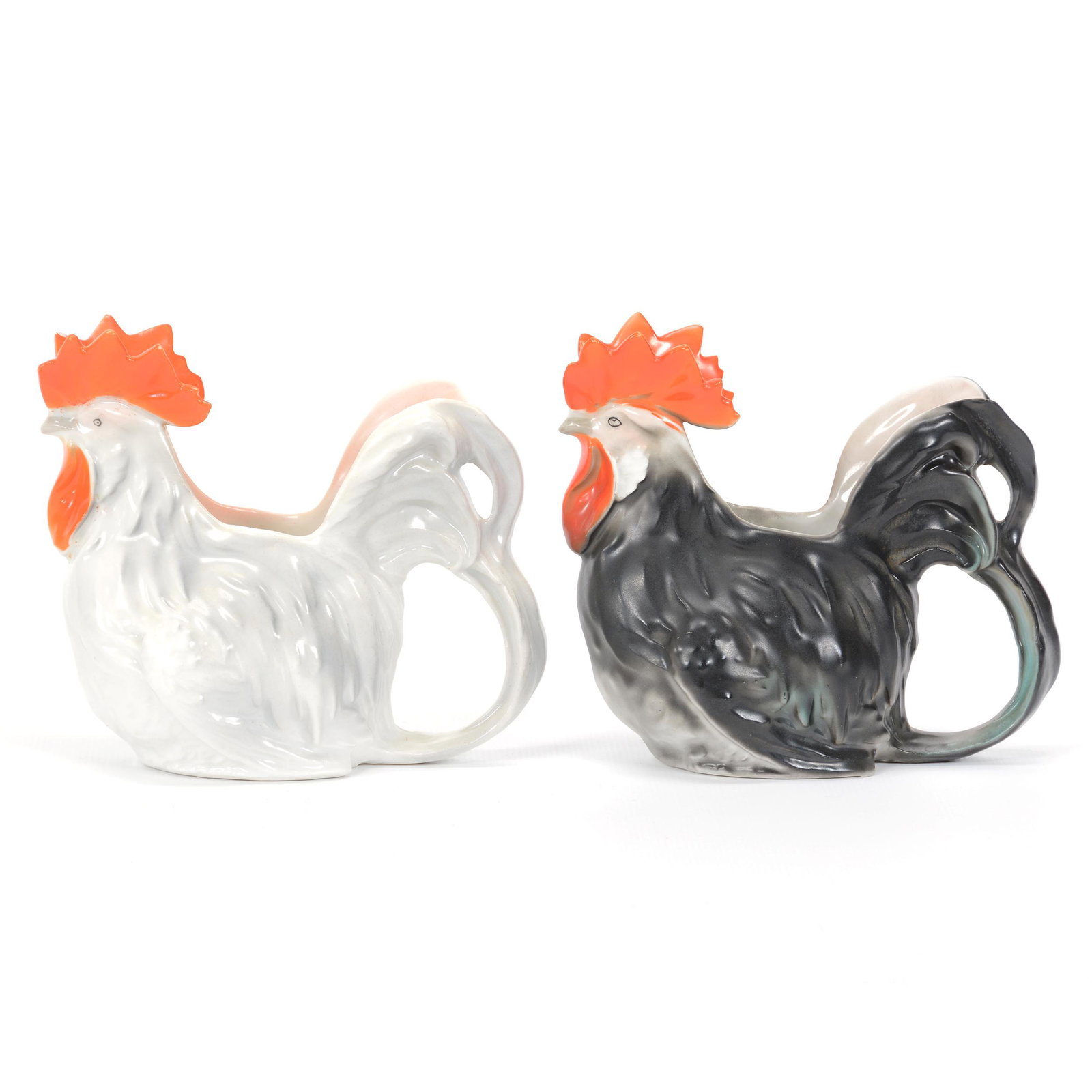 (2) Creamers Marked Royal Bayreuth Rooster: (2) Creamers Marked Royal Bayreuth Rooster, 4.25", Blue Mark, (1) White And Gray, (1) Black, Gray And Green, Private Midwest Collection