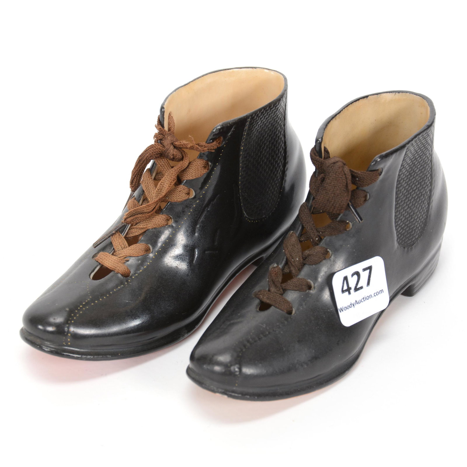 Pair Unmarked Royal Bayreuth Black Men's Boots: Pair Unmarked Royal Bayreuth Black Men's Boots, 2.5" x 5", With Laces, Private Midwest Collection