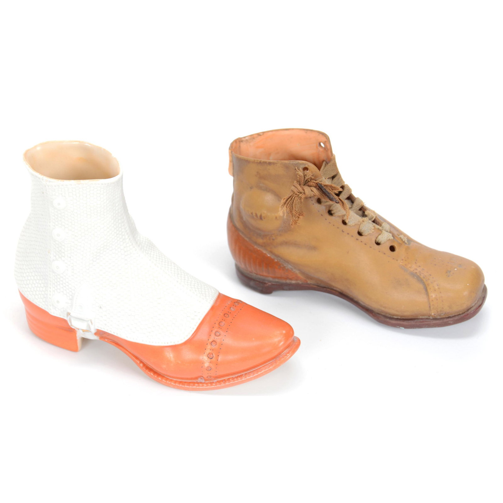 (2) Men's Shoes/Boots, Unmarked Royal Bayreuth: (2) Men's Shoes/Boots, Unmarked Royal Bayreuth, (1) 3.5" X 5.25" Tan With White Spat, (1) 2.75" X 4.75" Marked "Hockey" Boot With Cleats, Vintage Representation Of Athletic Footwear, Original Laces (W