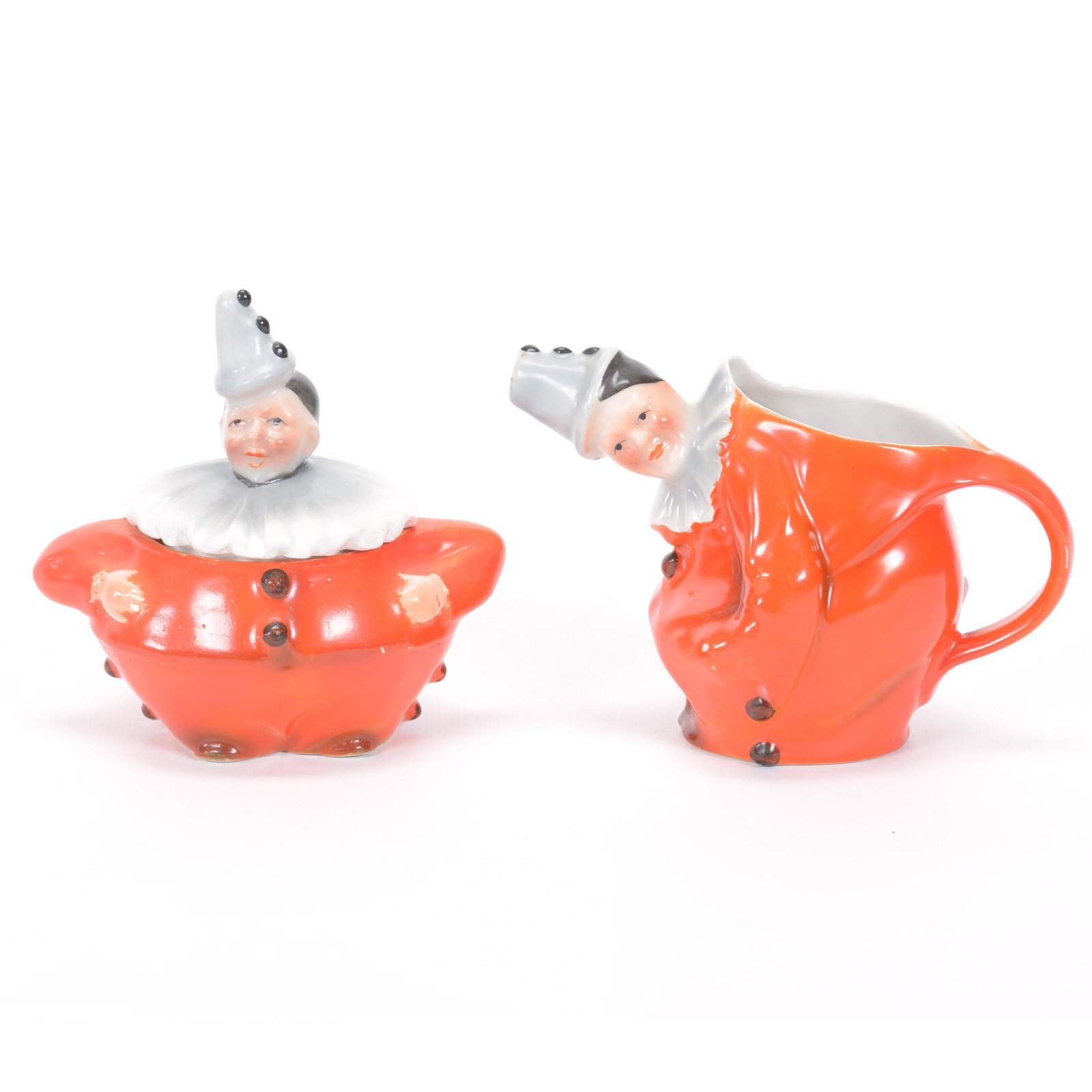 Creamer & Sugar Royal Bayreuth Red Clown: Creamer & Sugar Royal Bayreuth Red Clown, (1) 4.25" Covered Sugar, Blue Mark, Professional Repair To Lid, (1) 3.75" Creamer, Unmarked, Private Midwest Collection