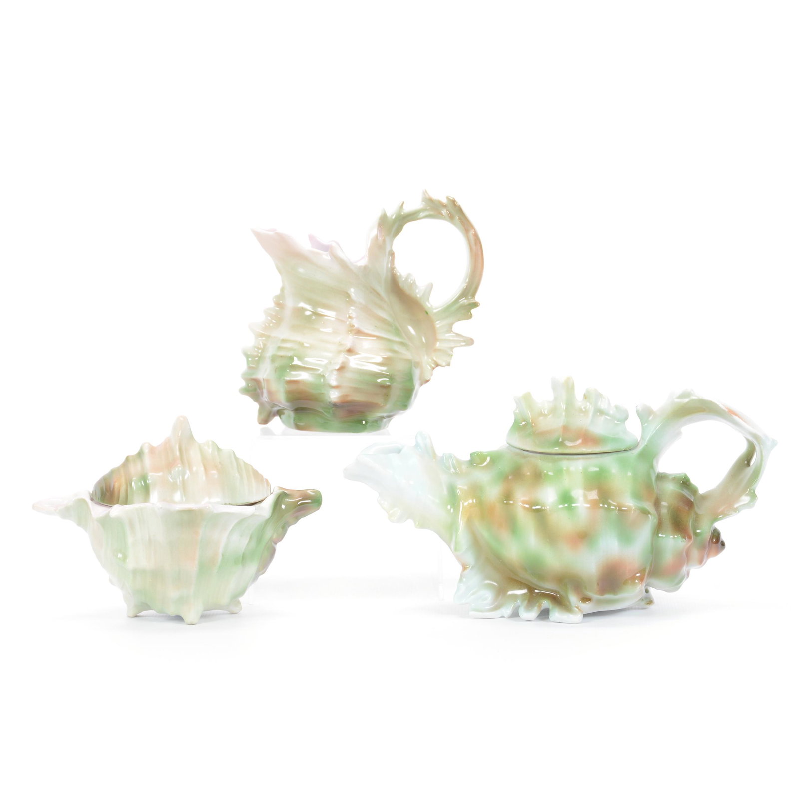 Tea Set Royal Bayreuth Spiky Shell: Tea Set Royal Bayreuth Spiky Shell, (1) 4.5" X 8" Tea Pot, Unmarked, (1) 4.5" Creamer, Blue Mark, (1) 3.5" Covered Sugar, Blue Mark, Private Midwest Collection