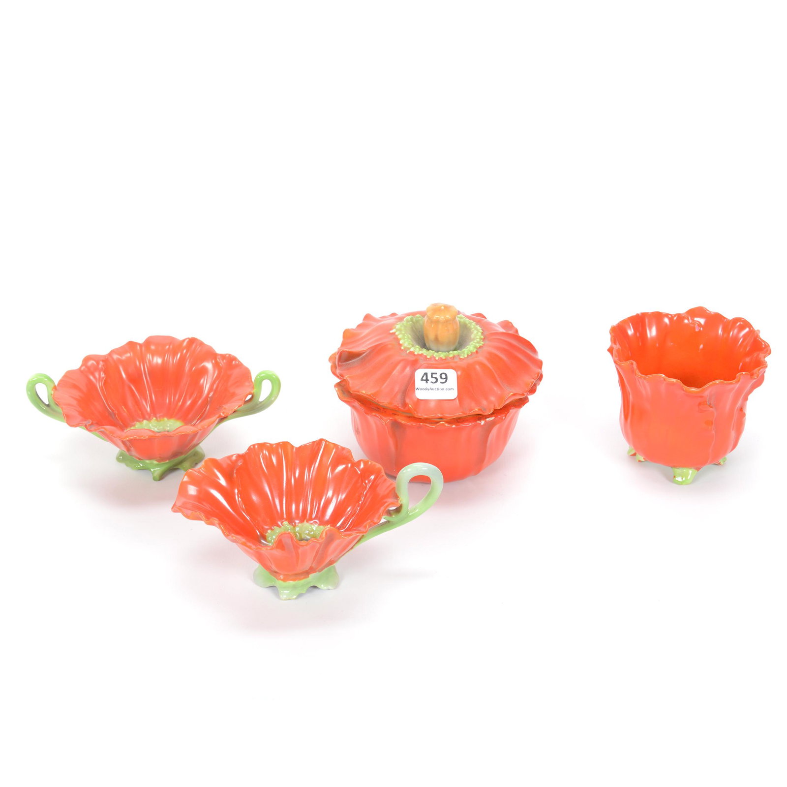 (4) Red Poppy Items Unmarked Royal Bayreuth: (4) Red Poppy Items Unmarked Royal Bayreuth, (1) 4" X 4.75" Covered Box, Chip On Rim Of Base, (1) 3" X 3.25" Toothpick Holder, (1) 2.75" Creamer, (1) 2.25" Open Sugar, Private Midwest Collection