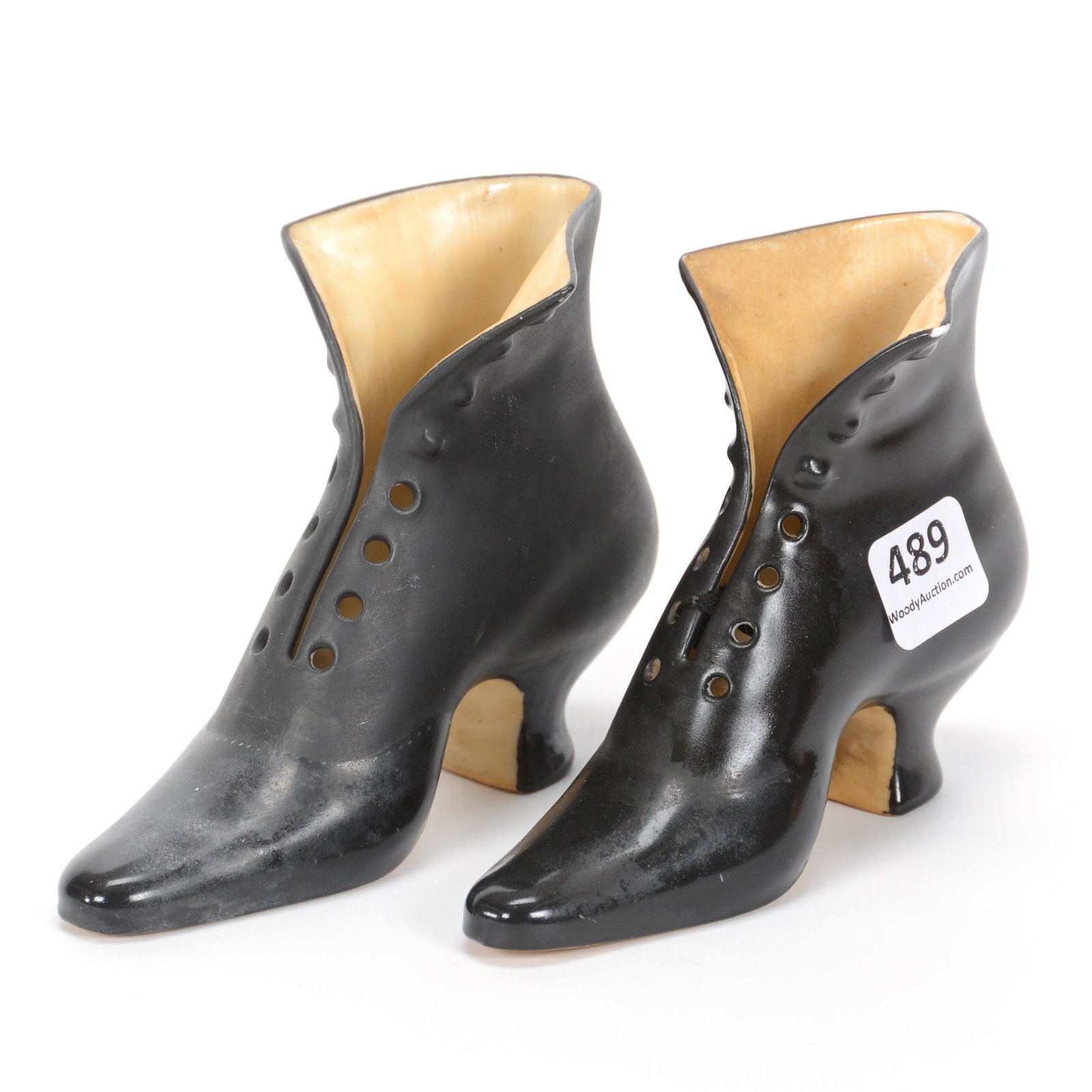 Pair Lady's Boots, Royal Bayreuth: Pair Lady's Boots, Royal Bayreuth, 3.5" x 5", Black, Lace Up, One Is Marked Royal Bayreuth Blue Mark, Private Midwest Collection
