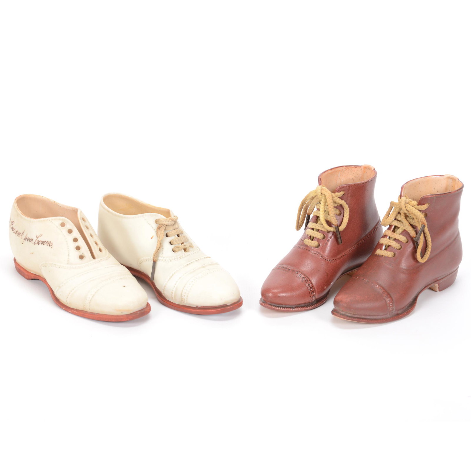(2) Pair Shoes Unmarked Royal Bayreuth: (2) Pair Shoes Unmarked Royal Bayreuth, (1) White Pair Oxfords, (1) Pair Dark Brown Boots, Both Pair Approximately 5", Private Midwest Collection