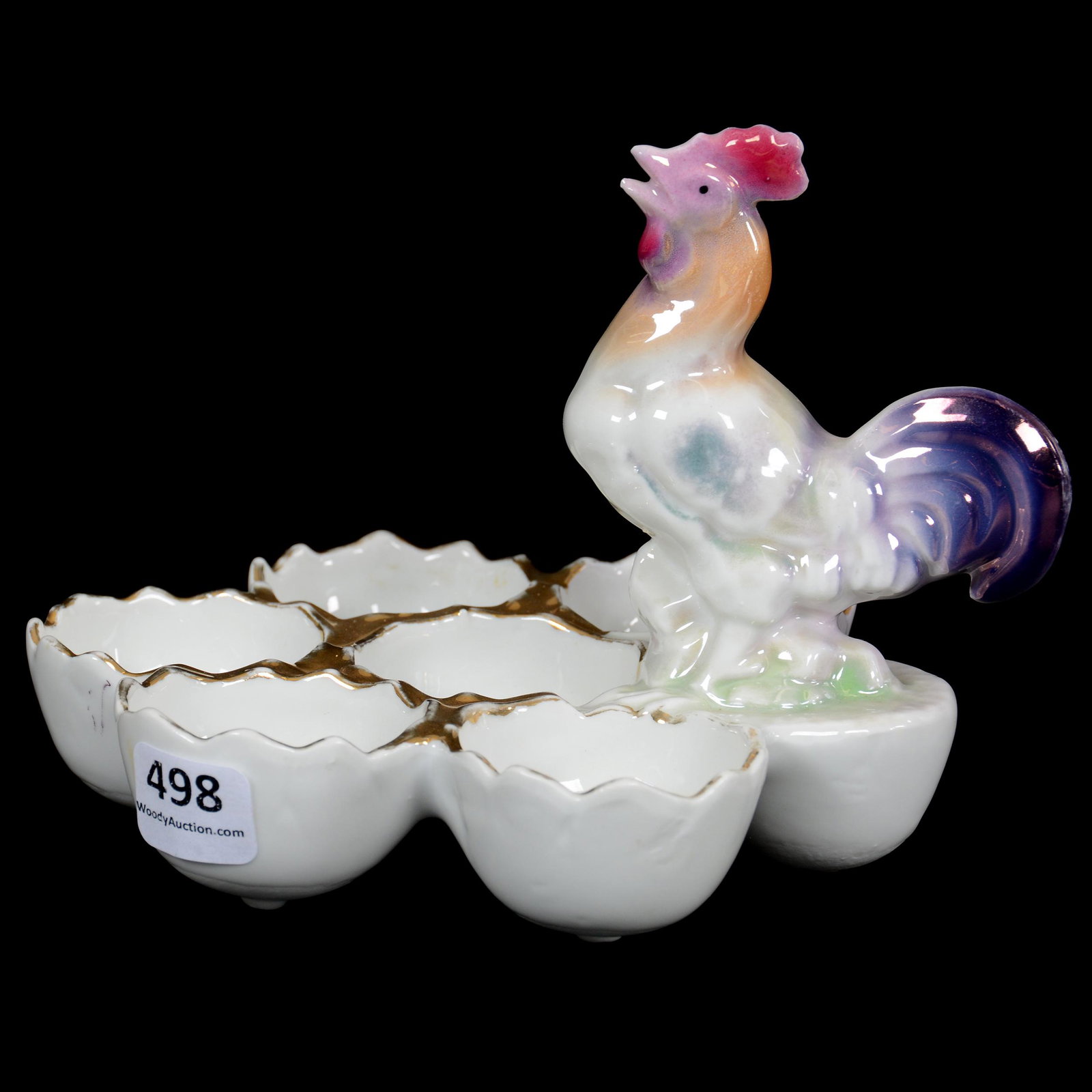 Egg Server, Figural Rooster, Lustre Finish: Egg Server, Figural Rooster, Lustre Finish, 4.75" x 6.5", Marked "MW Company", Private Midwest Collection