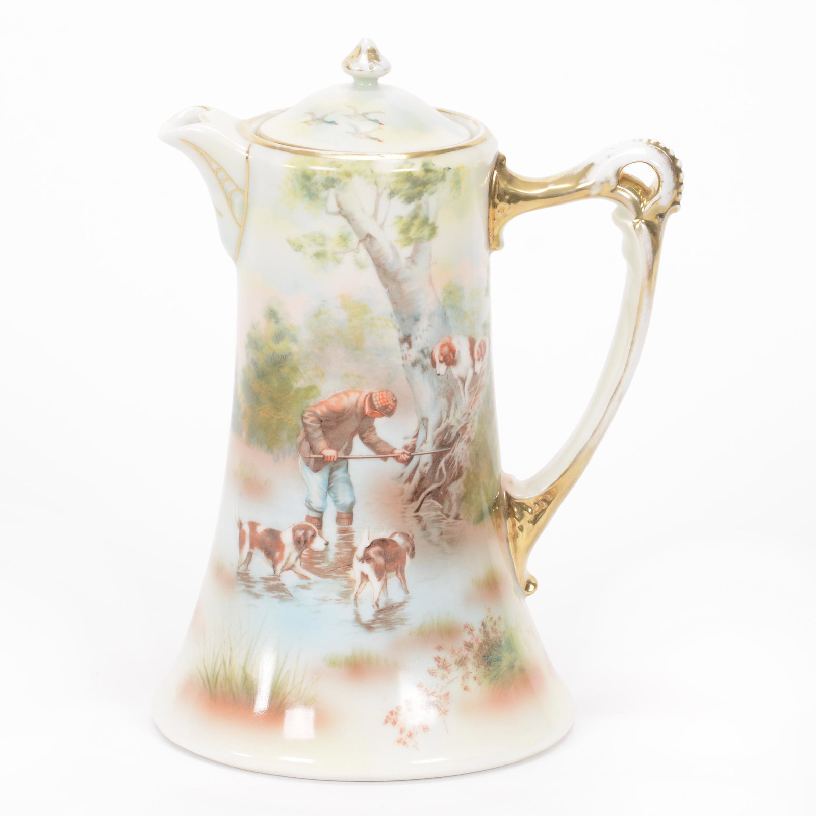 Chocolate Pot Marked Royal Bayreuth Scenic: Chocolate Pot Marked Royal Bayreuth Scenic, 8.5", Blue Mark, Hunter With Dogs, Private Midwest Collection