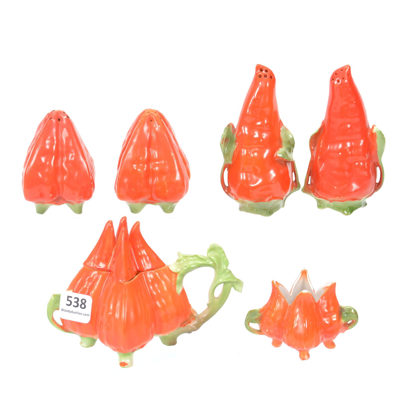 (4) Royal Bayreuth Red Chili Pepper Items: (4) Royal Bayreuth Red Chili Pepper Items, (1) Pair 4" Tall Salt & Pepper, Unmarked, (1) 3.5" Mustard Jar, Unmarked, (1) Pair 2.75" Short Salt & Pepper, Unmarked, (1) 2" Toothpick Holder, Unmarked, Pr