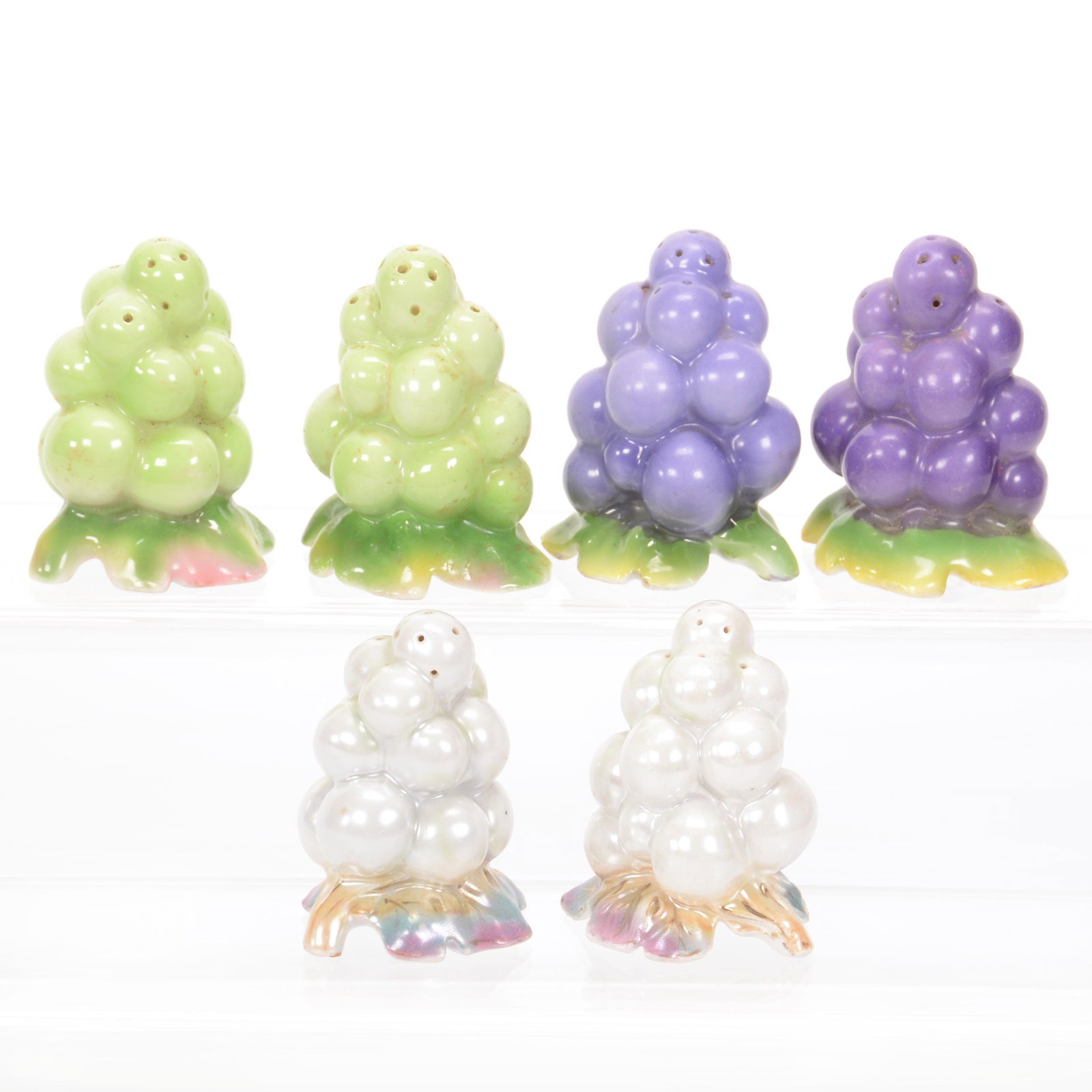 (6) Salt & Pepper Shakers Royal Bayreuth Grape: (6) Salt & Pepper Shakers Royal Bayreuth Grape, 3.25", (1) Pair, Purple, Both Blue Mark, (1) Pair, White Satin, Unmarked, (1) Pair, Green, Green Mark, Private Midwest Collection