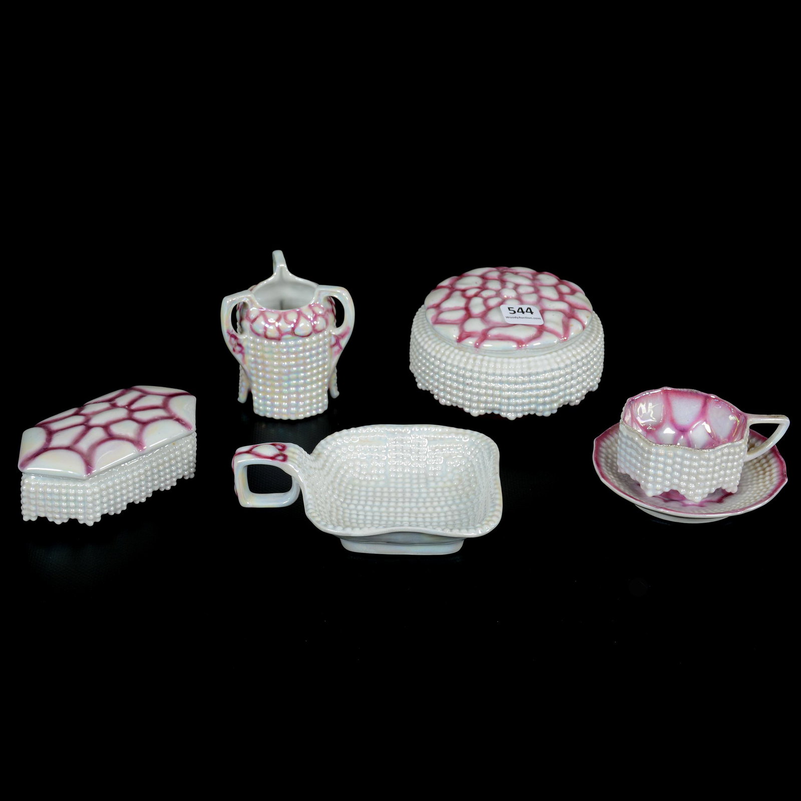 (5) Royal Bayreuth Oyster And Pearl Items: (5) Royal Bayreuth Oyster And Pearl Items, (1) 4.25" Powder Box, Blue Mark, (1) 4" Square Handled Nappy, Blue Mark, (1) 4.25" Pin Box, Blue Mark, (1) 3" Three Handled Toothpick Holder, Blue Mark, (1) 