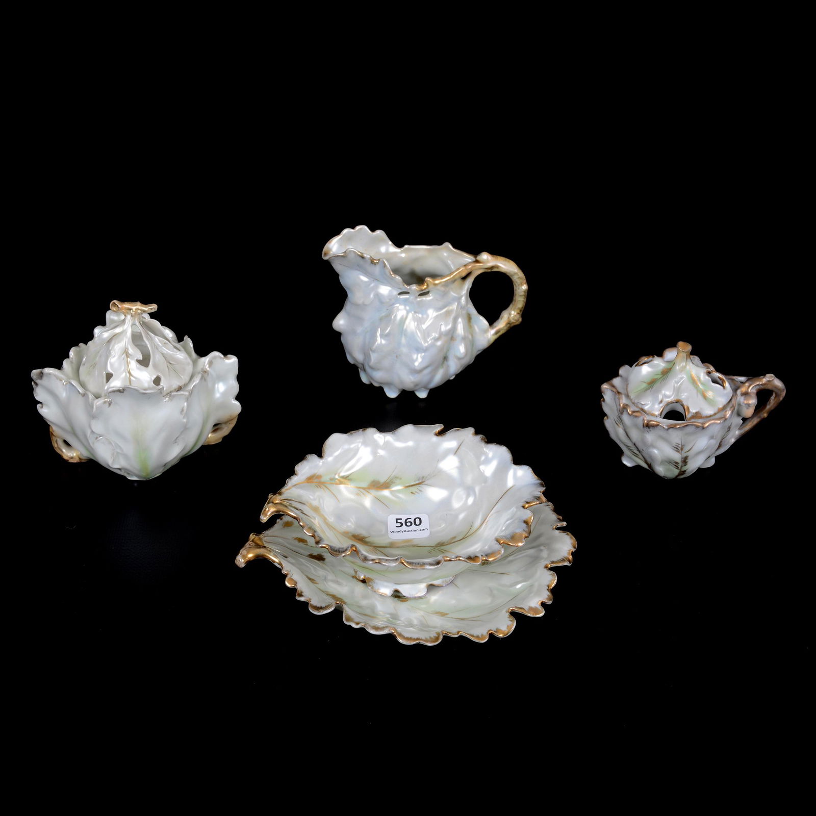 (4) Royal Bayreuth White Satin Oak Leaf: (4) Royal Bayreuth White Satin Oak Leaf, Green And Gold Highlights, (1) 7" Gravy Boat With Underplate, Blue Mark, (1) 4" Creamer, Blue Mark, And Covered Sugar, Unmarked, (1) 3.5" Mustard Jar, Private