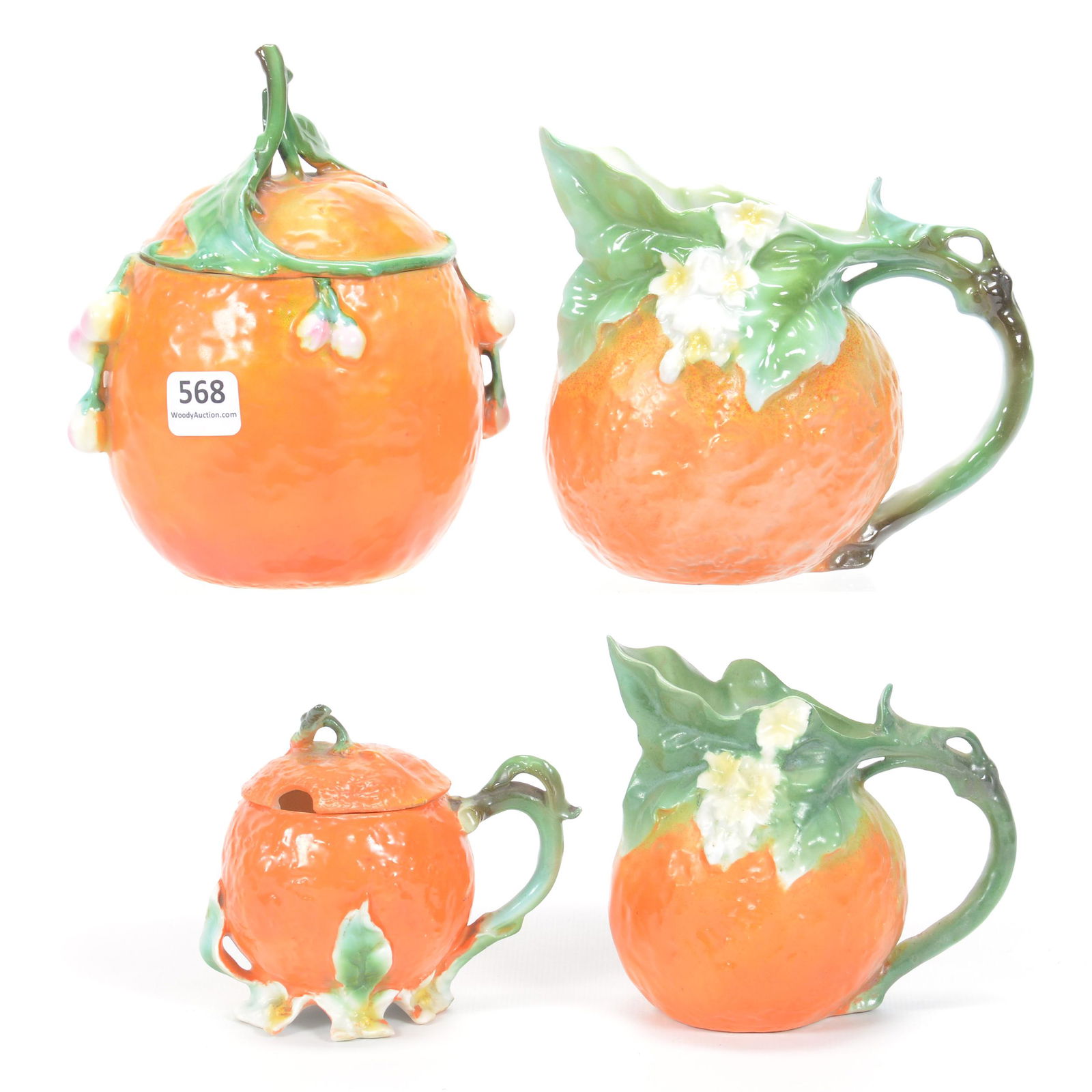 (4) Royal Bayreuth Orange Items: (4) Royal Bayreuth Orange Items, (1) 5" Milk Pitcher, Blue Mark, (1) 4.25" Creamer, Blue Mark, (1) 3.5" Mustard Jar, Blue Mark, (1) 6" Marmalade, Unmarked, Private Midwest Collection