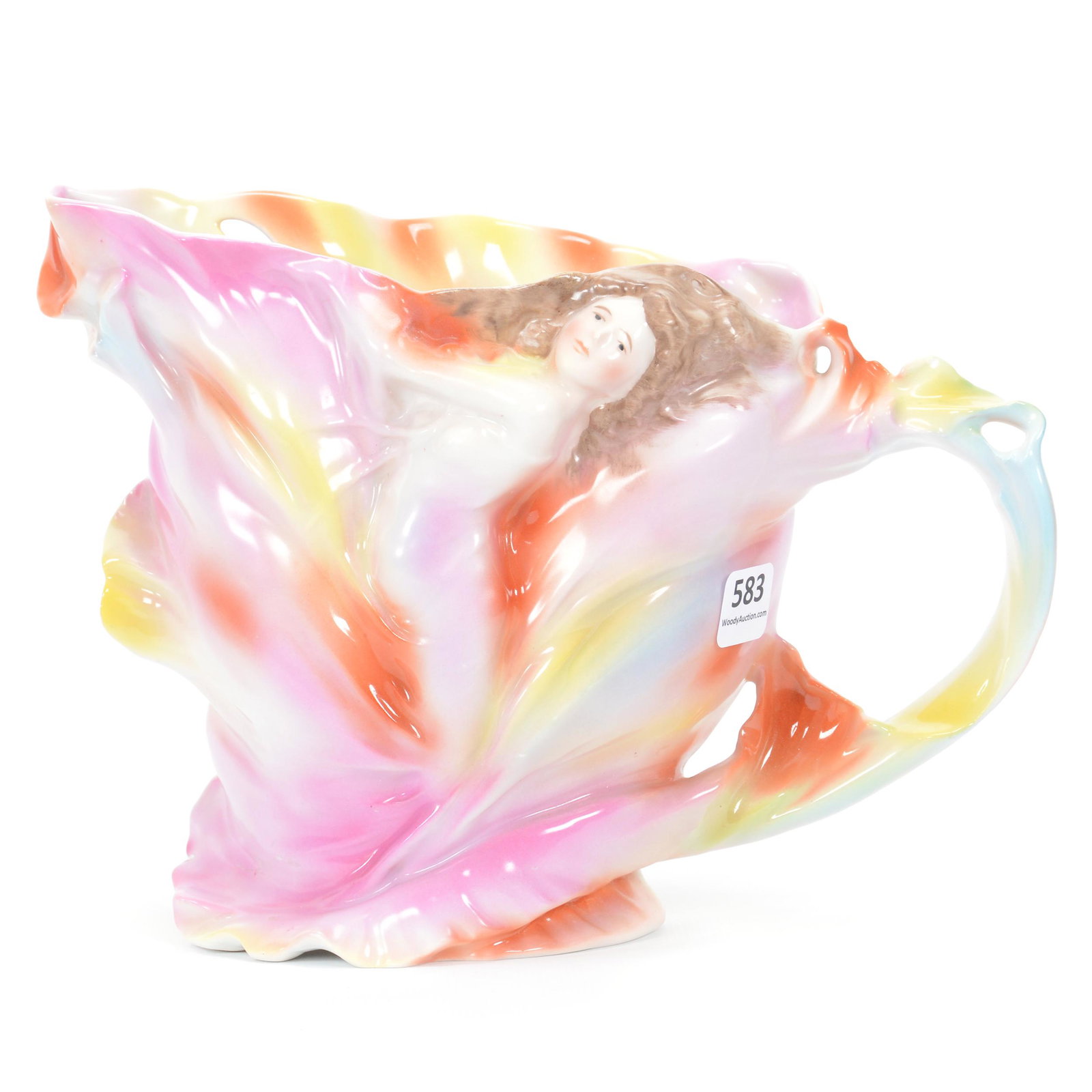 Water Pitcher Marked Royal Bayreuth Art Nouveau Lady: Water Pitcher Marked Royal Bayreuth Art Nouveau Lady, 6.75", Blue Mark, Extra Vibrant Colors Of Pink, Yellow, Orange And Blue Tones, Private Midwest Collection