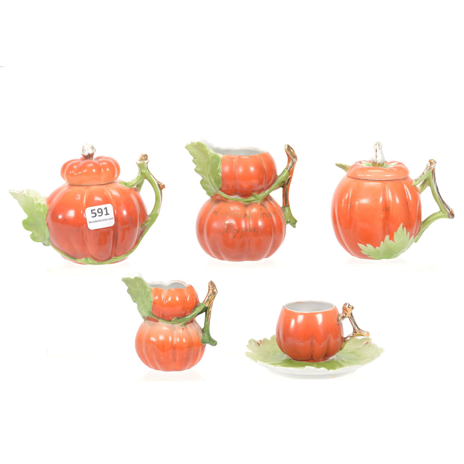(5) Unmarked Royal Bayreuth Style Tomato Set: (5) Unmarked Royal Bayreuth Style Tomato Set, (1) 3.75" Corset Milk Pitcher, (1) 3.75" X 4.75" Tea Pot, (1) 3.5" Mustard Jar, (1) 3" Corset Creamer, (1) 2" X 4.25" Cup And Saucer, Private Midwest Coll