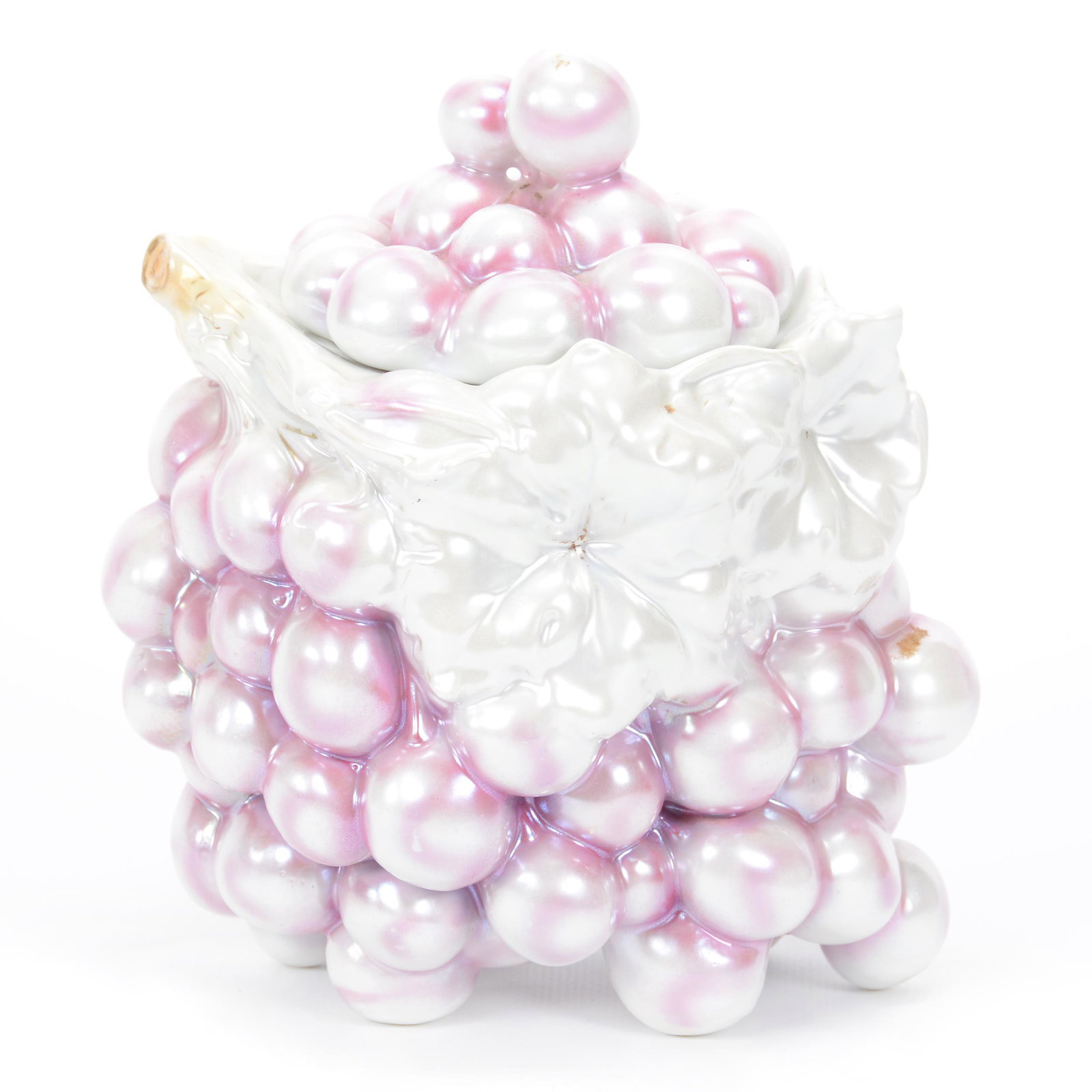 Cracker Jar Marked Germany White Satin Grape: Cracker Jar Marked Germany White Satin Grape, 7.5", With Lavender Highlights, Private Midwest Collection