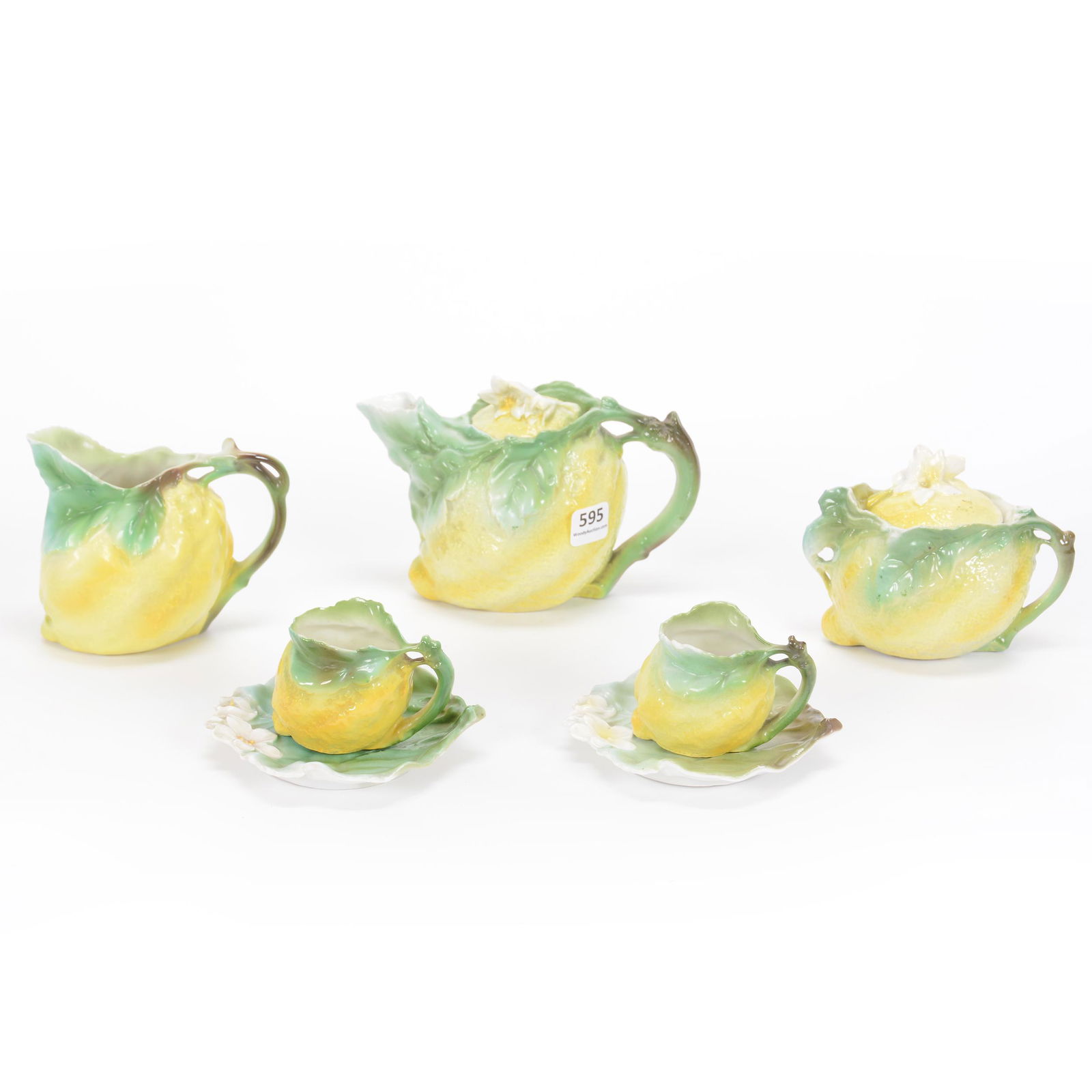 Tea Set Marked Royal Bayreuth Lemon: Tea Set Marked Royal Bayreuth Lemon, Blue Mark, (1) 4.5" X 6" Teapot, (1) 3.75" Creamer, (1) 3.5" Covered Sugar, (2) 2.5" X 4.5" Cups And Saucers, Private Midwest Collection
