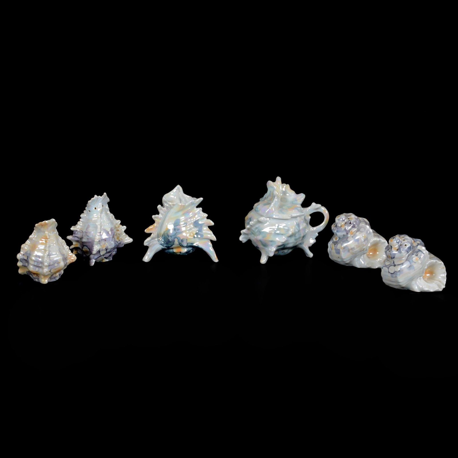 (6) Royal Bayreuth Shell Items, Blue Mark: (6) Royal Bayreuth Shell Items, Blue Mark, (1) 3.75" Mustard Jar, (1) 3" Toothpick Holder, (1) 3.25" Salt & Pepper Set, Chip On One, (1) 2.25" Salt & Pepper Set, All With Lustre Finish, Private Midwes