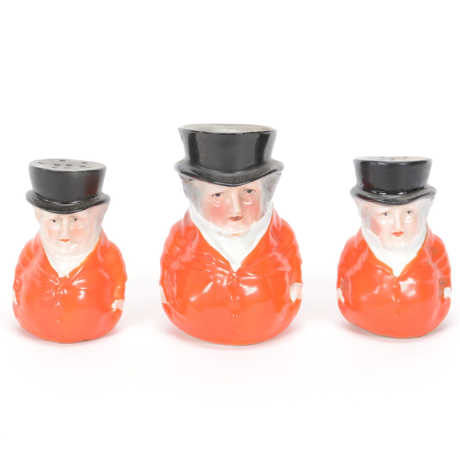 (3) Royal Bayreuth Coachman Items: (3) Royal Bayreuth Coachman Items, (1) 3.5" Toothpick Holder, Blue Mark, (2) 3" Salt & Pepper Shakers, Unmarked, Private Midwest Collection