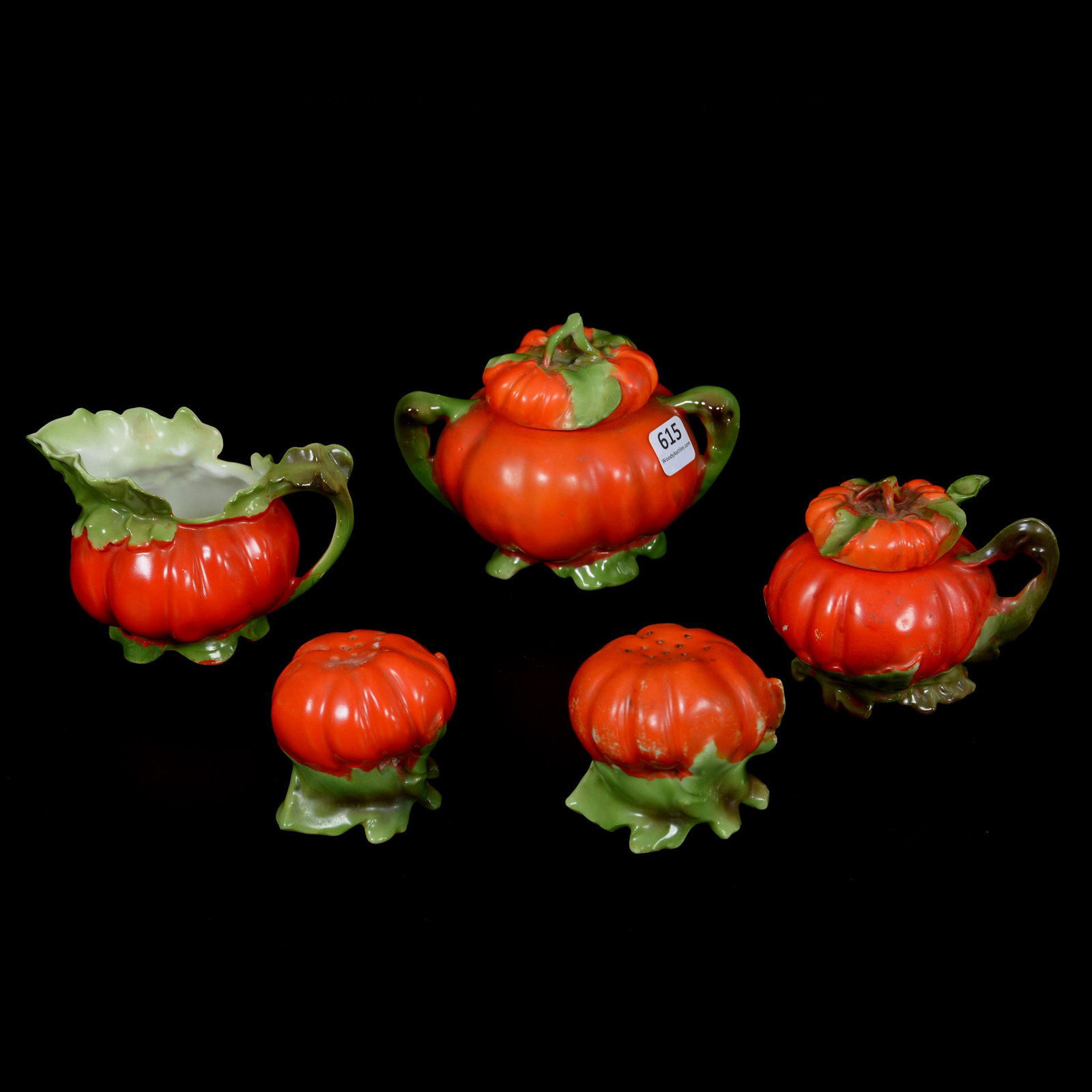 (5) Royal Bayreuth Tomato Items: (5) Royal Bayreuth Tomato Items, (1) 3" Creamer, Blue Mark, (1) 3.75" Covered Sugar, Green Mark, (1) 3.25" Mustard Jar, Blue Mark, (1) 2.5" Salt & Pepper Set, One With Blue Mark, Private Midwest Colle