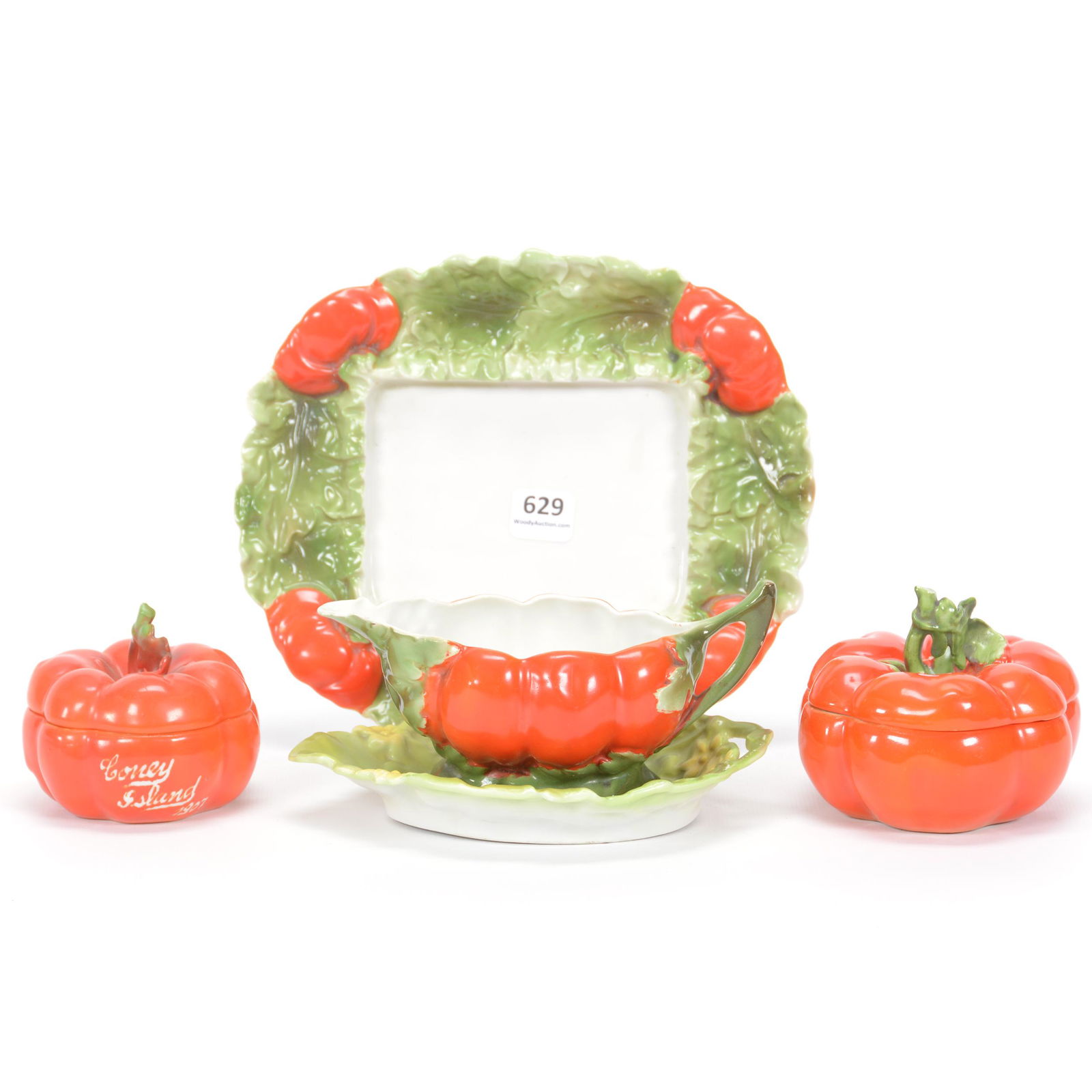 (4) Marked Royal Bayreuth Tomato Items: (4) Marked Royal Bayreuth Tomato Items, Blue Mark, (1) 8" Square Cheese Server, (1) 6.5" Gravy Boat With Underplate, (1) 4" Covered Box, (1) 3" Covered Box, Private Midwest Collection