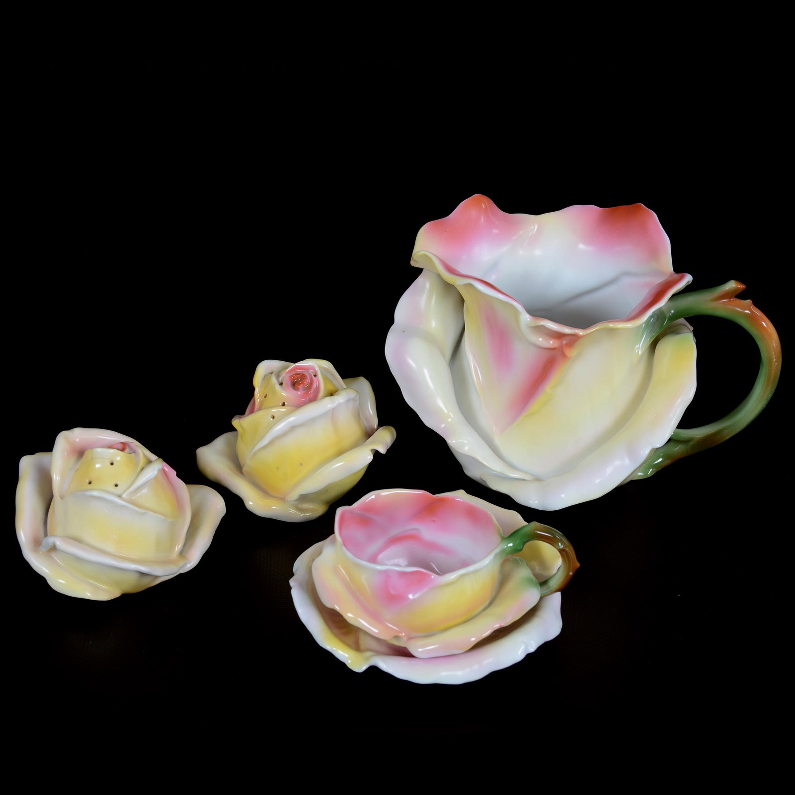 (4) Royal Bayreuth Yellow Rose Items: (4) Royal Bayreuth Yellow Rose Items, (1) 4.5" Milk Pitcher, Blue Mark, (1) 2" Cup And Saucer, Blue Mark, (1) 2.5" Salt & Pepper Set, Line In One Shaker, Unmarked, Private Midwest Collection