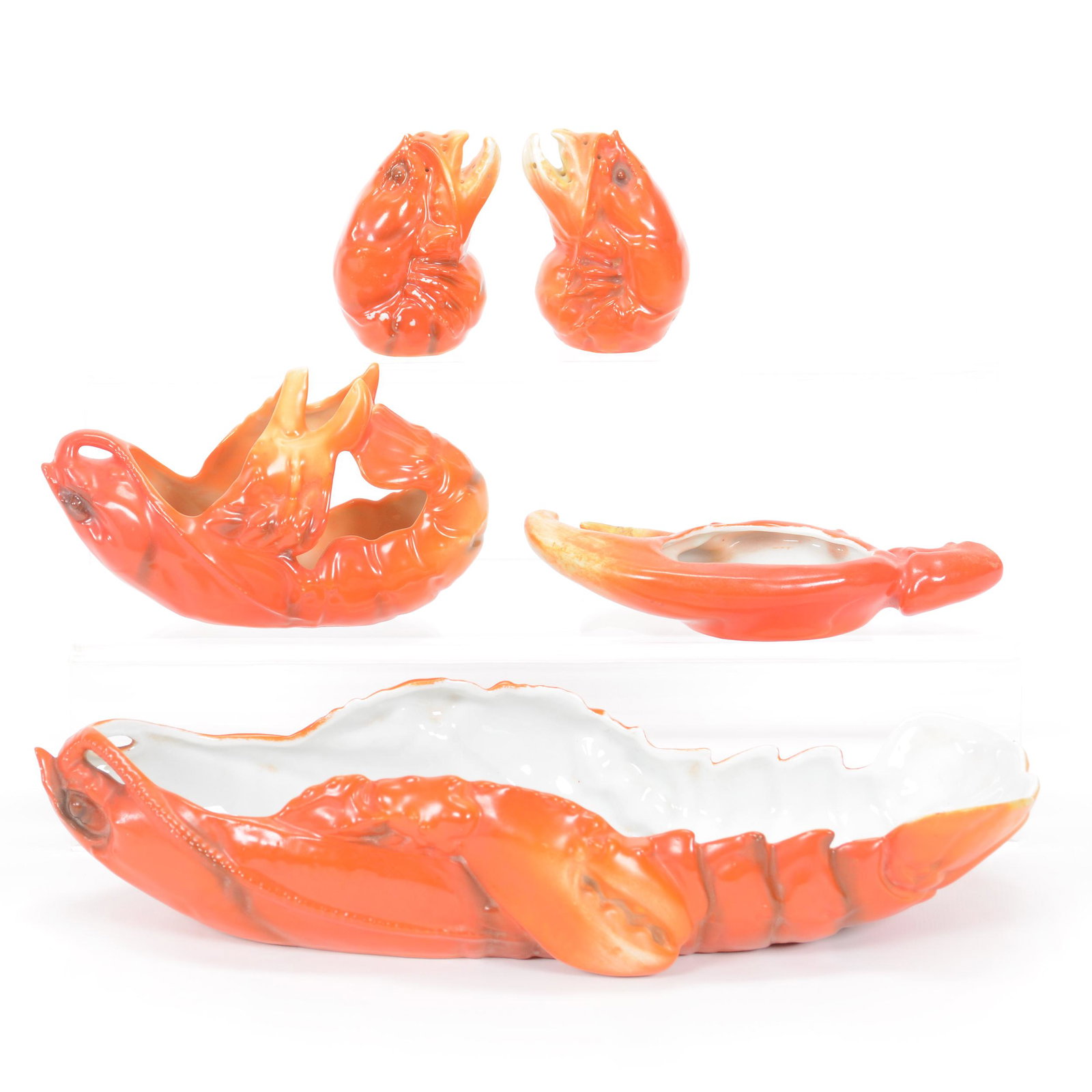 (5) Royal Bayreuth Lobster Items: (5) Royal Bayreuth Lobster Items, (1) 12.25" Celery Tray, Blue Mark, (1) 5.75" Candy Dish, Green Mark, (1) 6" Ash Tray, Blue Mark, (1) 3" Salt & Pepper Set, Unmarked, Private Midwest Collection