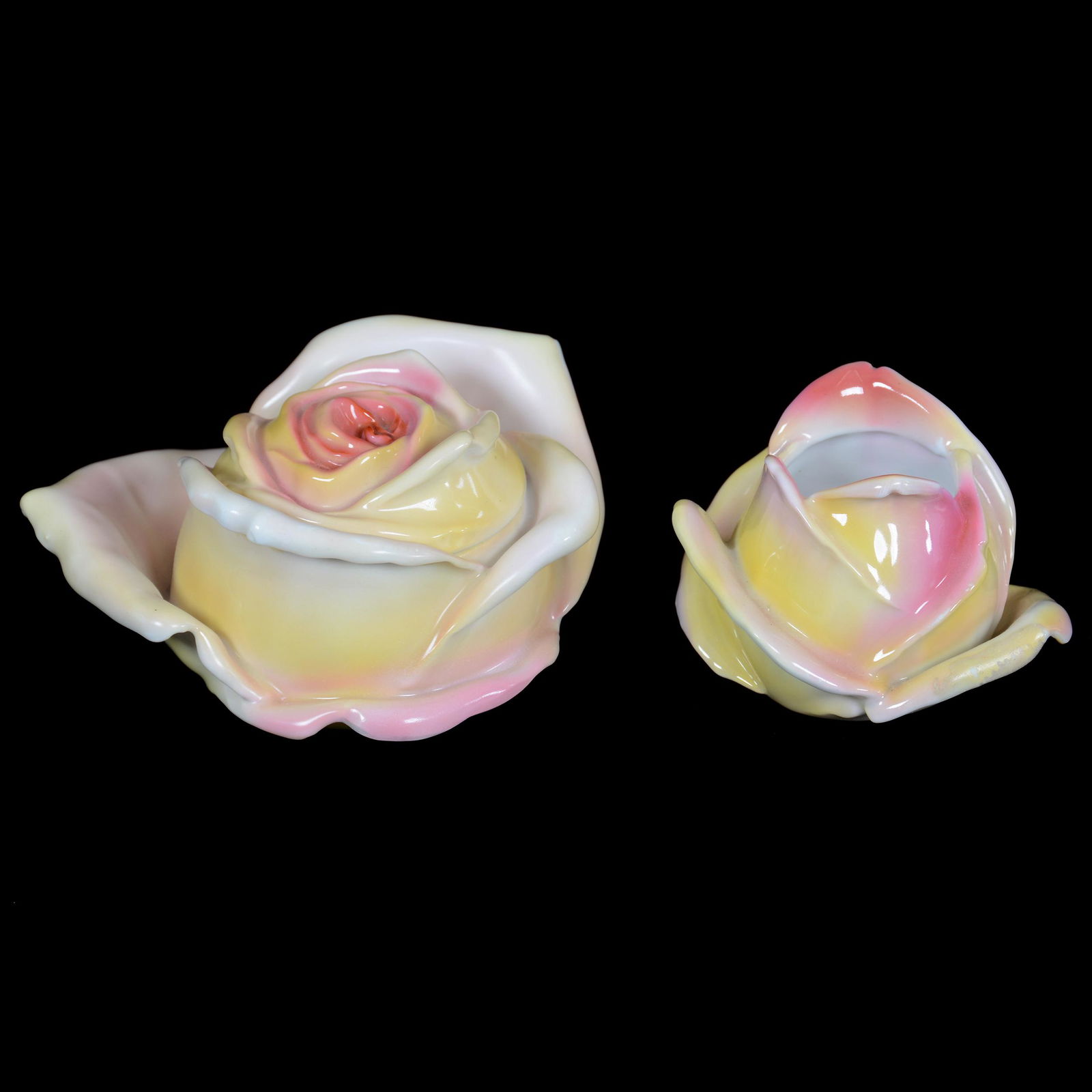 (2) Items Marked Royal Bayreuth Rose: (2) Items Marked Royal Bayreuth Rose, Blue Mark, Pink And Yellow Tones, (1) 2.25" X 4.25" Covered Box, Possible Repair, (1) 2.25" Toothpick Holder, Repair On Rim Of Blossom, Private Midwest Collection